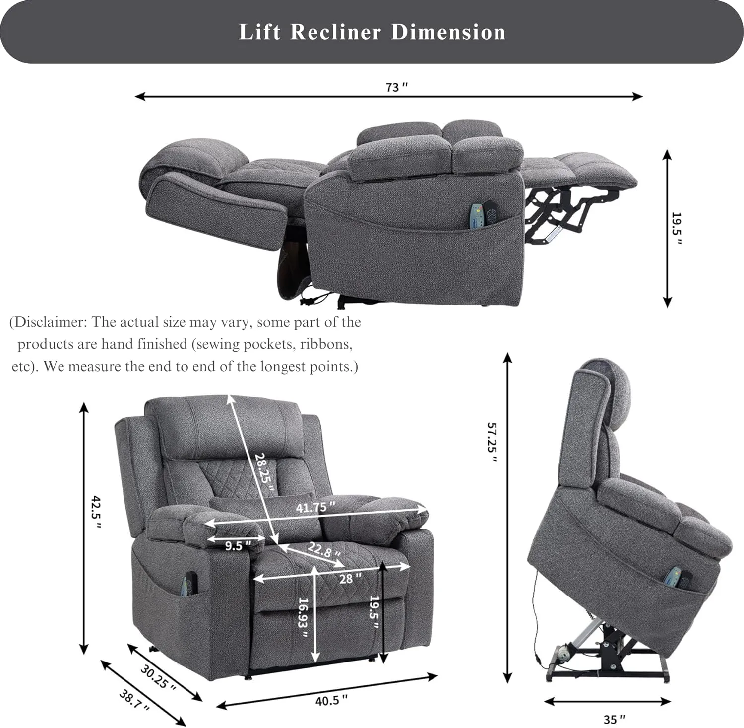 Power Lift Recliner for Elderly 28 Inch Wide Seat, Lay Flat Lift Chair with Heat Massage, Flip Arm Storage Cup Holders, USB Type C Charging, Big Tall 400 lbs (Grey Chenille)