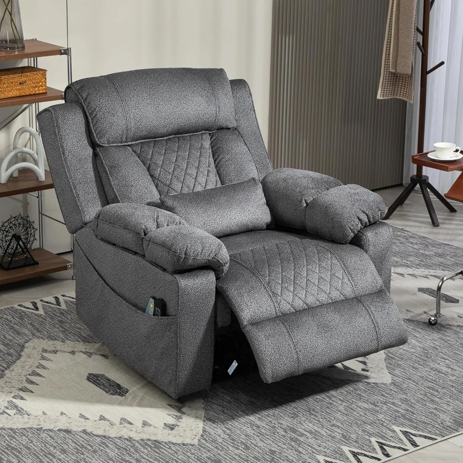 Power Lift Recliner for Elderly 28 Inch Wide Seat, Lay Flat Lift Chair with Heat Massage, Flip Arm Storage Cup Holders, USB Type C Charging, Big Tall 400 lbs (Grey Chenille)