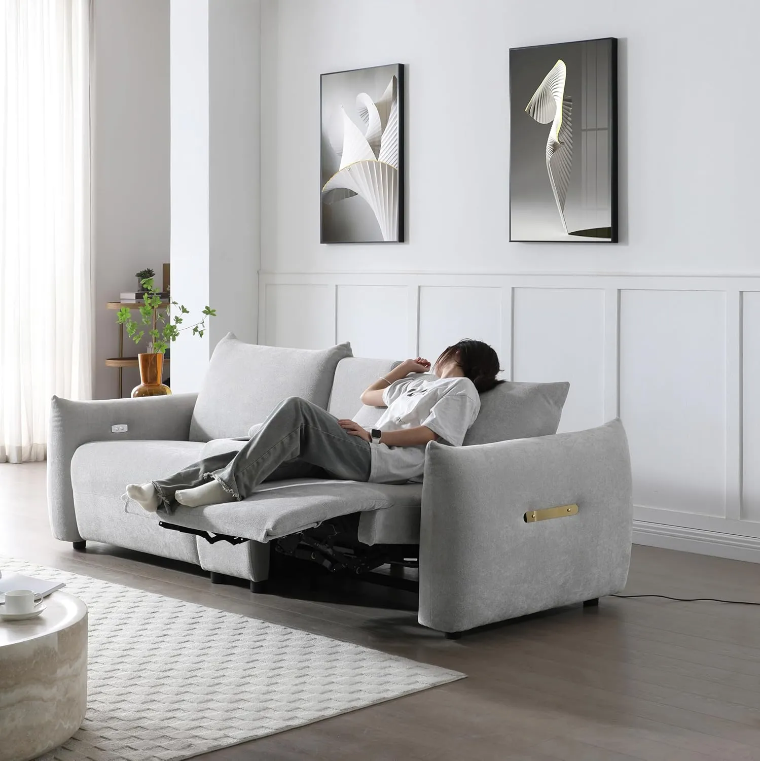 Power Lift Sofa Built-in Console, Linen Fabric Upholstered Primary Living Sleeper Couch with 2 Cup Holders and Storage Box,Home Theater Seat,Grey