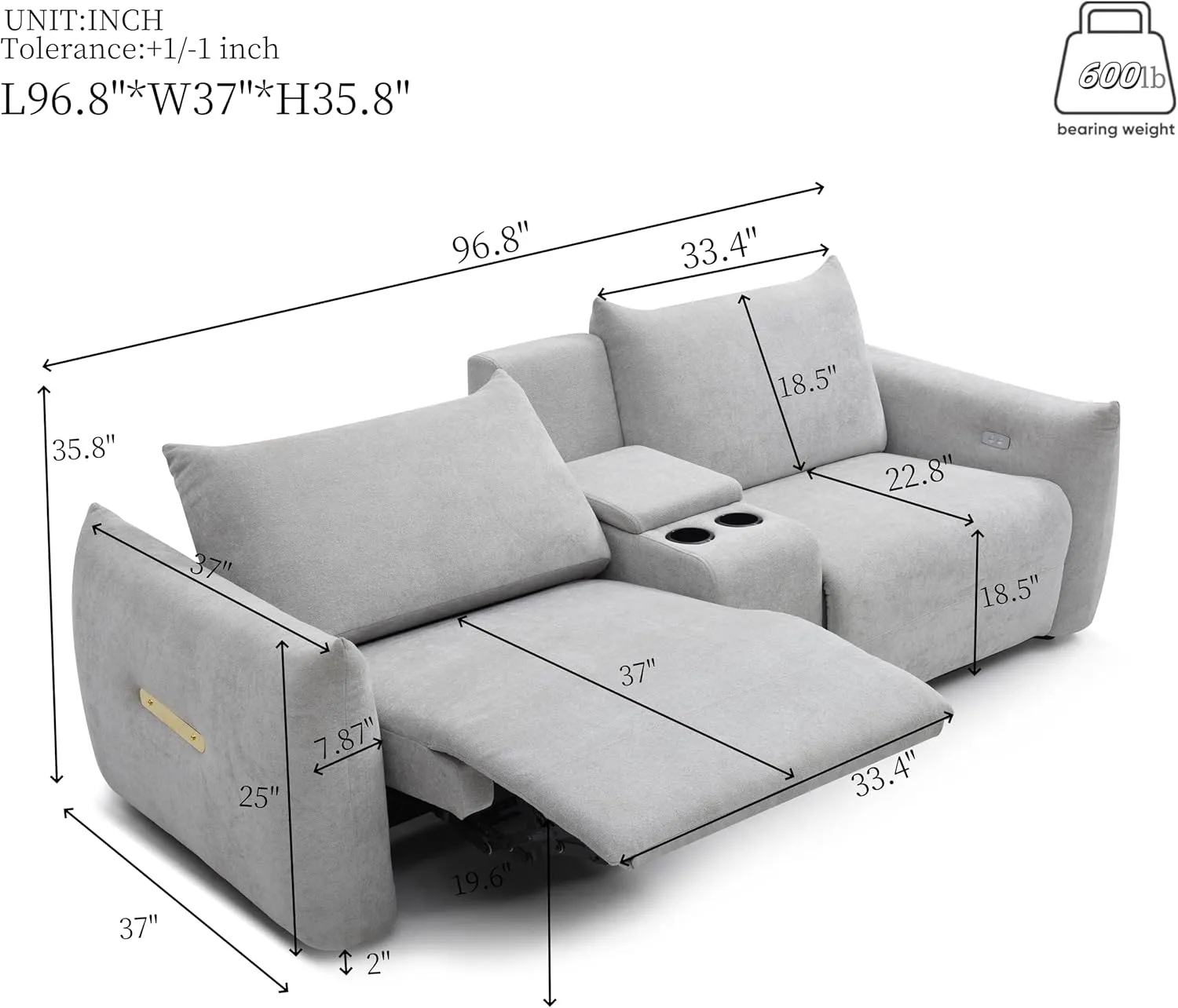 Power Lift Sofa Built-in Console, Linen Fabric Upholstered Primary Living Sleeper Couch with 2 Cup Holders and Storage Box,Home Theater Seat,Grey
