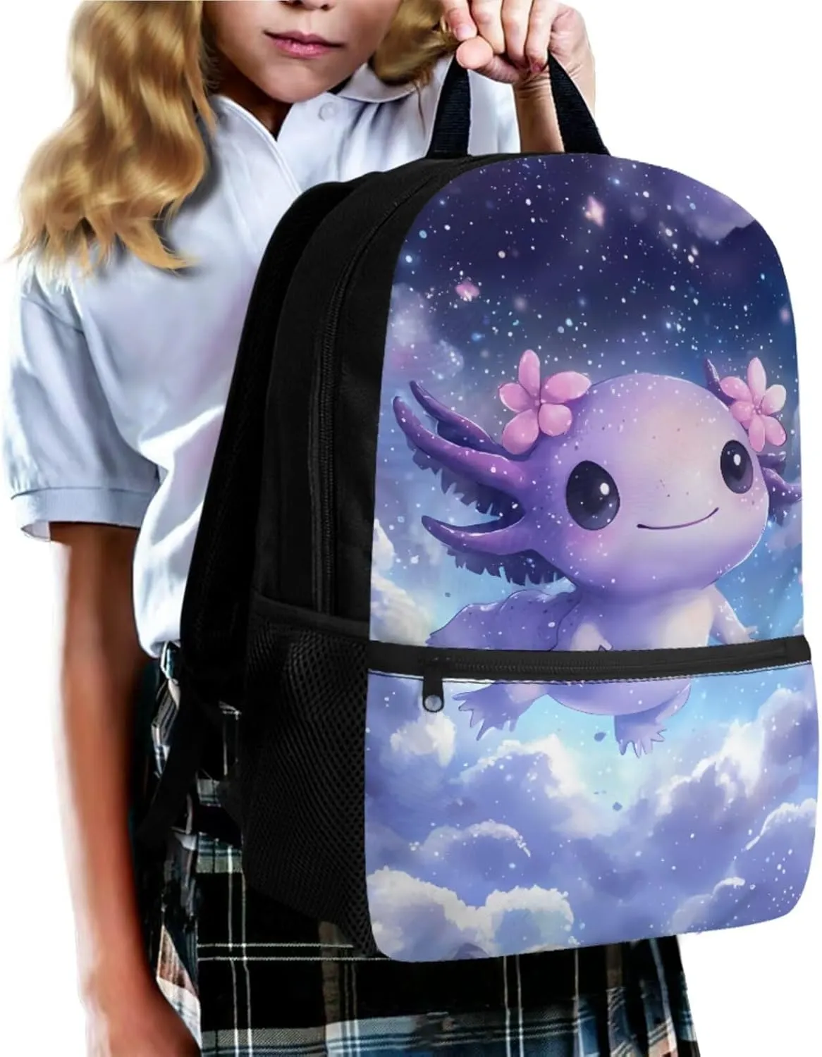 Purple Axolotl Bookbags for 5th Grade Girls Elementary School Bag Cute Backpacks for Girls Kawaii Backpack with Lunch Box and Pencil Case Set Casual Shoulder Daypack for Picnic Walking