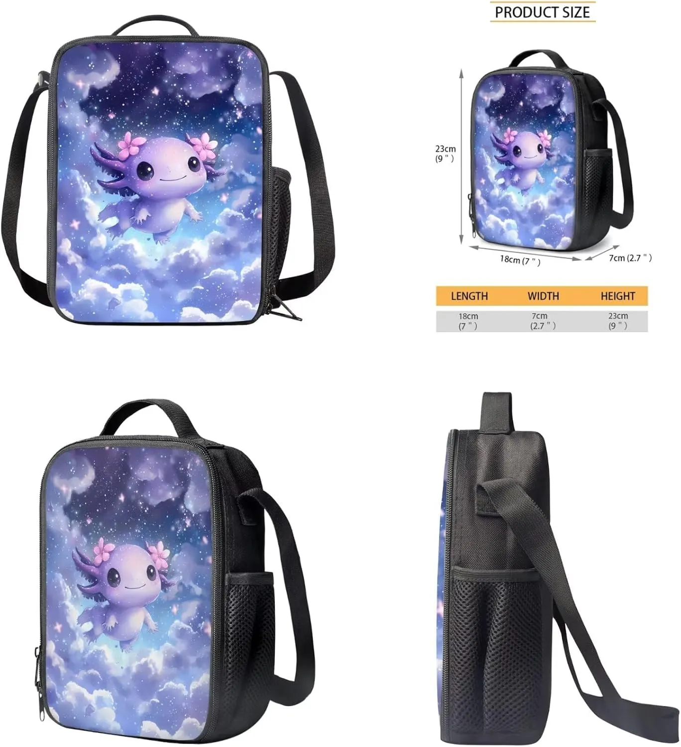 Purple Axolotl Bookbags for 5th Grade Girls Elementary School Bag Cute Backpacks for Girls Kawaii Backpack with Lunch Box and Pencil Case Set Casual Shoulder Daypack for Picnic Walking