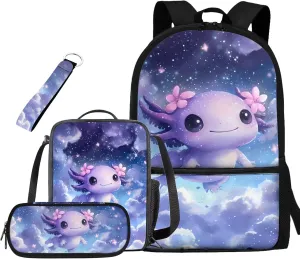 Purple Axolotl Bookbags for 5th Grade Girls Elementary School Bag Cute Backpacks for Girls Kawaii Backpack with Lunch Box and Pencil Case Set Casual Shoulder Daypack for Picnic Walking