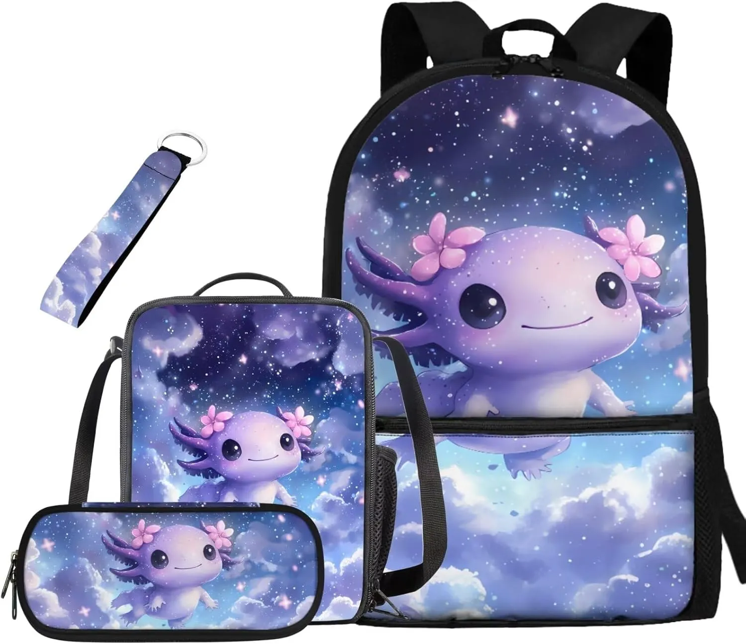 Purple Axolotl Bookbags for 5th Grade Girls Elementary School Bag Cute Backpacks for Girls Kawaii Backpack with Lunch Box and Pencil Case Set Casual Shoulder Daypack for Picnic Walking