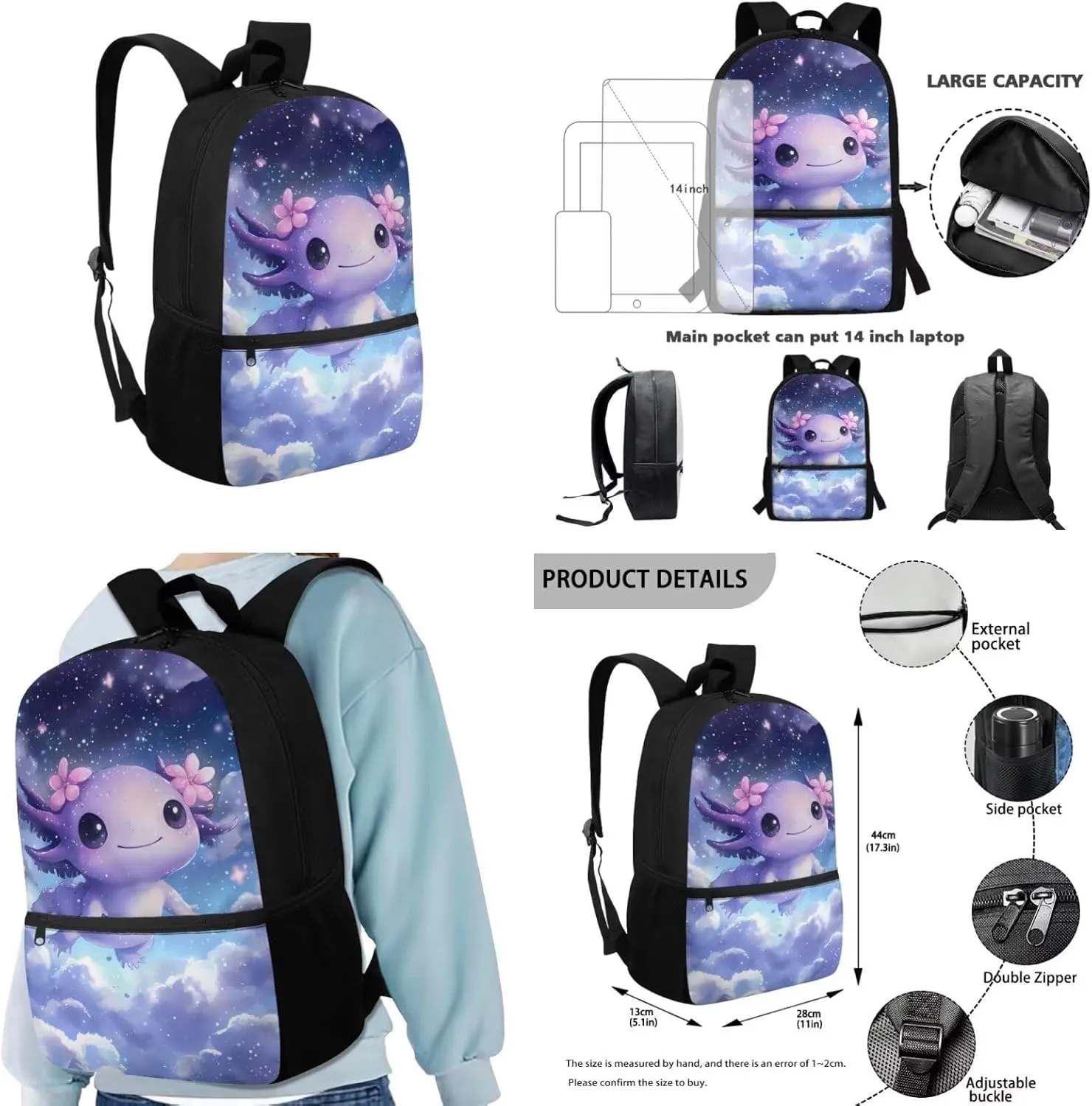Purple Axolotl Bookbags for 5th Grade Girls Elementary School Bag Cute Backpacks for Girls Kawaii Backpack with Lunch Box and Pencil Case Set Casual Shoulder Daypack for Picnic Walking