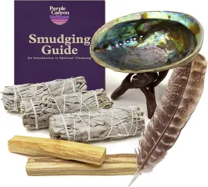 Purple Canyon Smudge Kit (Beginner's Gift Set) - 3 White Sage Smudge Sticks, 2 Palo Santo, Abalone Shell, Smudge Feather w/Stand   Smudging Guide for Home Cleansing & Healing Meditation Rituals