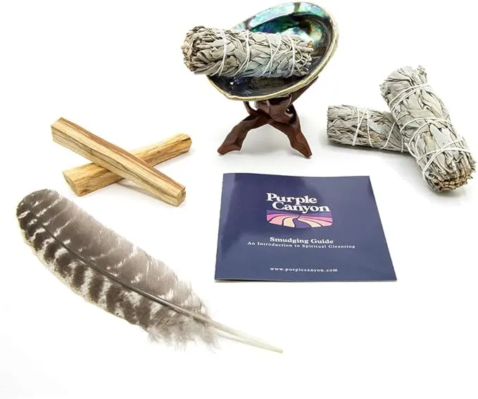 Purple Canyon Smudge Kit (Beginner's Gift Set) - 3 White Sage Smudge Sticks, 2 Palo Santo, Abalone Shell, Smudge Feather w/Stand   Smudging Guide for Home Cleansing & Healing Meditation Rituals