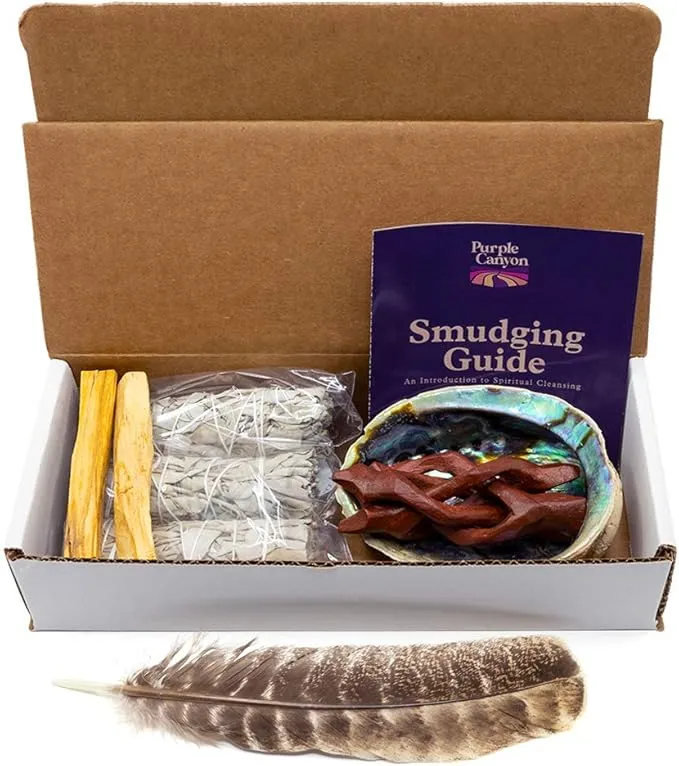 Purple Canyon Smudge Kit (Beginner's Gift Set) - 3 White Sage Smudge Sticks, 2 Palo Santo, Abalone Shell, Smudge Feather w/Stand   Smudging Guide for Home Cleansing & Healing Meditation Rituals