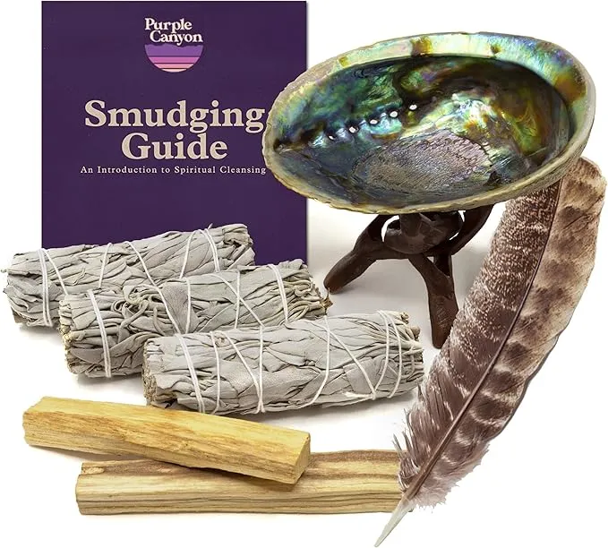 Purple Canyon Smudge Kit (Beginner's Gift Set) - 3 White Sage Smudge Sticks, 2 Palo Santo, Abalone Shell, Smudge Feather w/Stand   Smudging Guide for Home Cleansing & Healing Meditation Rituals