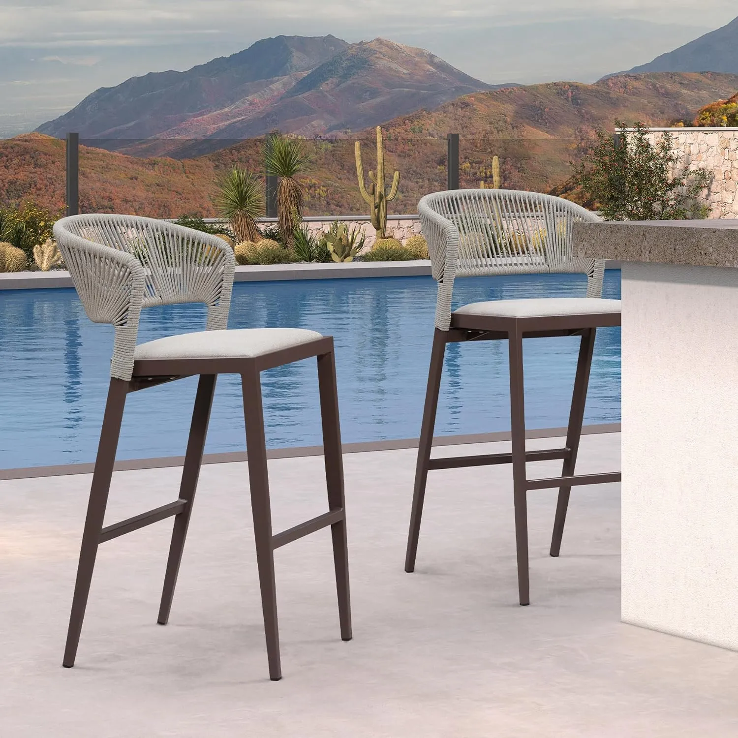 PURPLE LEAF Bar Stool Set of 2 Outdoor Bar Chairs with Footrest Bar Height Stools for Indoor Wicker Brown Barstools