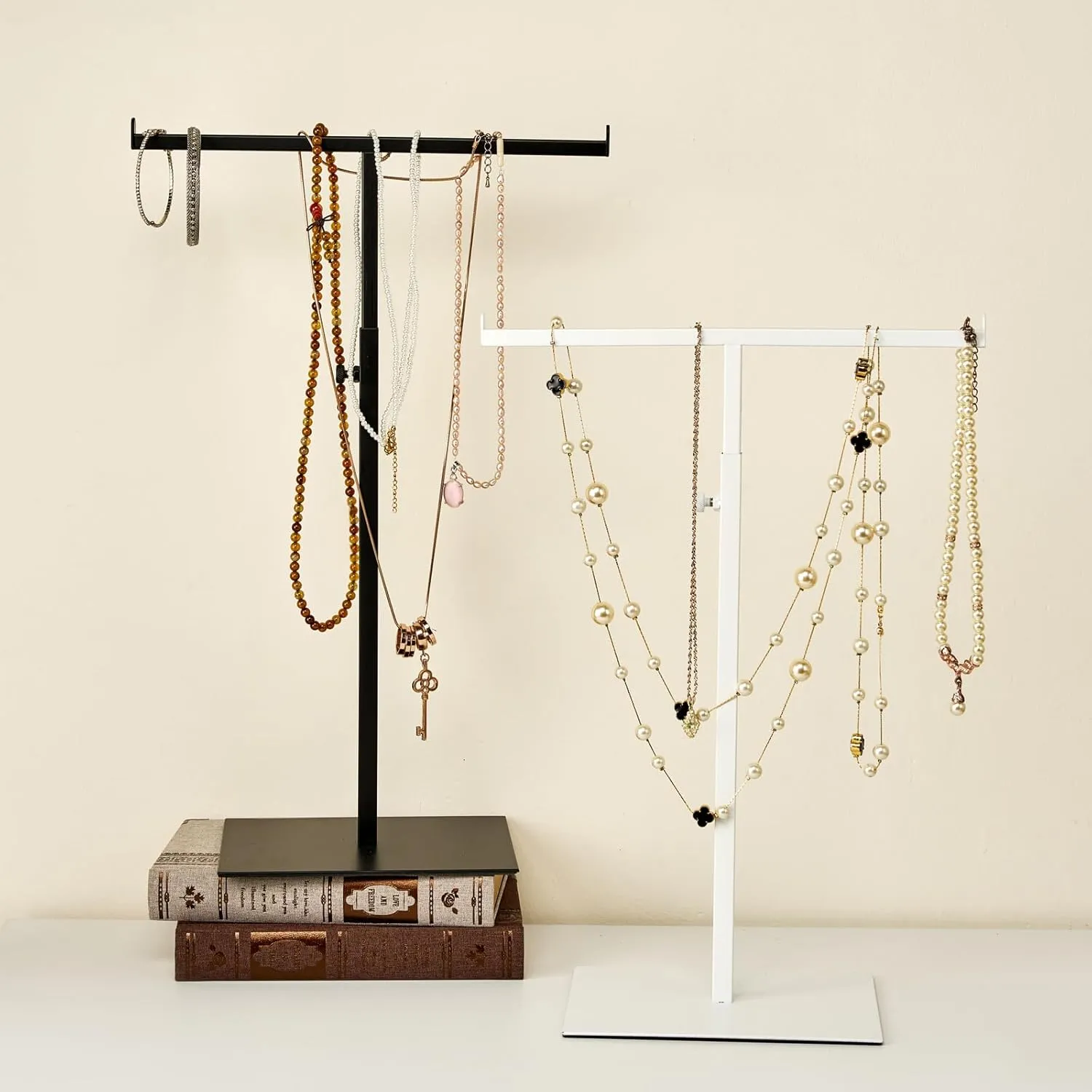 Purse Display Stand, Black 2PCS Jewelry Tower Stainless Steel Handbag Stand Jewelry Stands Tabletop for Necklaces Organizer Stand Adjustable Height Home Store Boutique