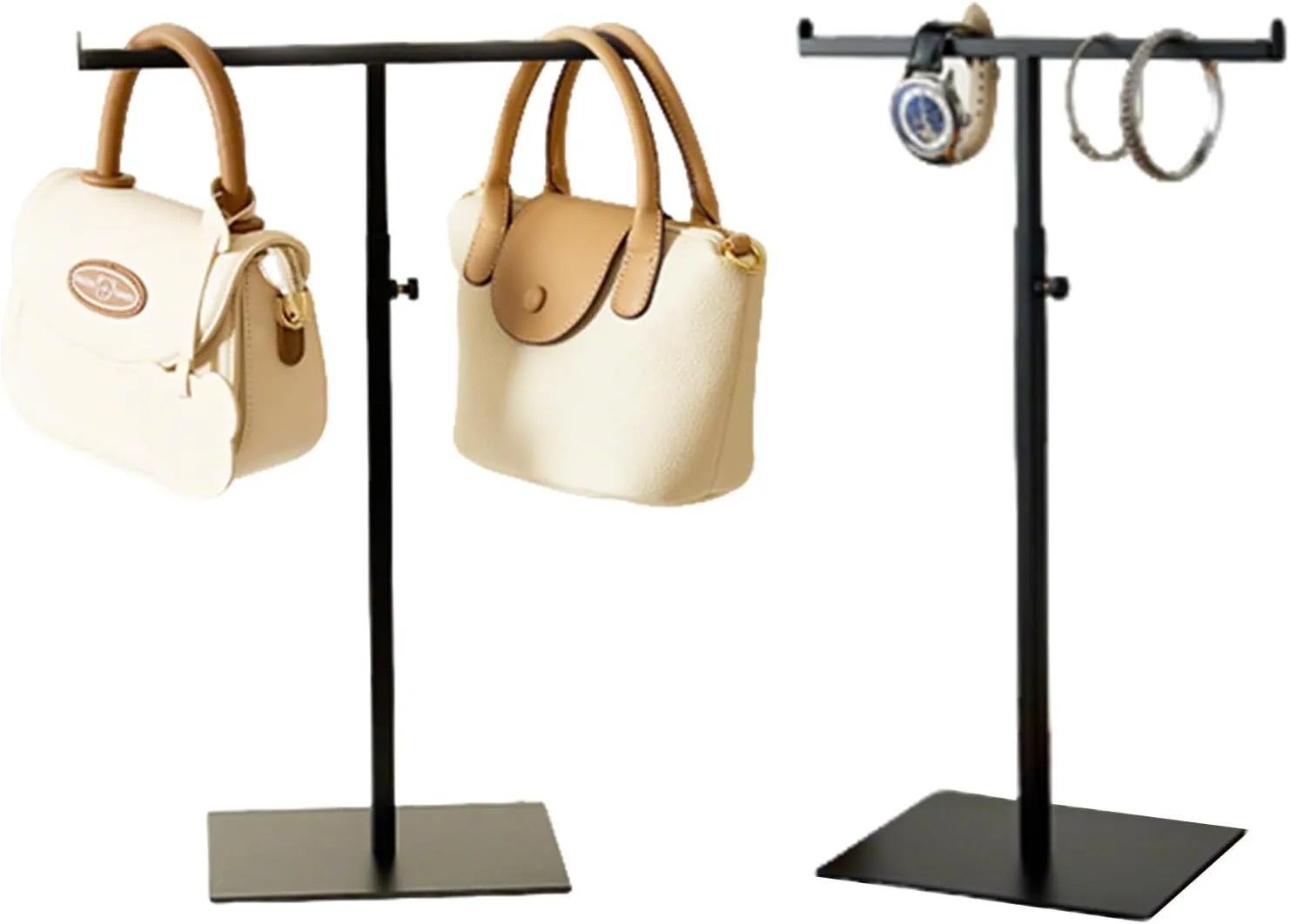 Purse Display Stand, Black 2PCS Jewelry Tower Stainless Steel Handbag Stand Jewelry Stands Tabletop for Necklaces Organizer Stand Adjustable Height Home Store Boutique