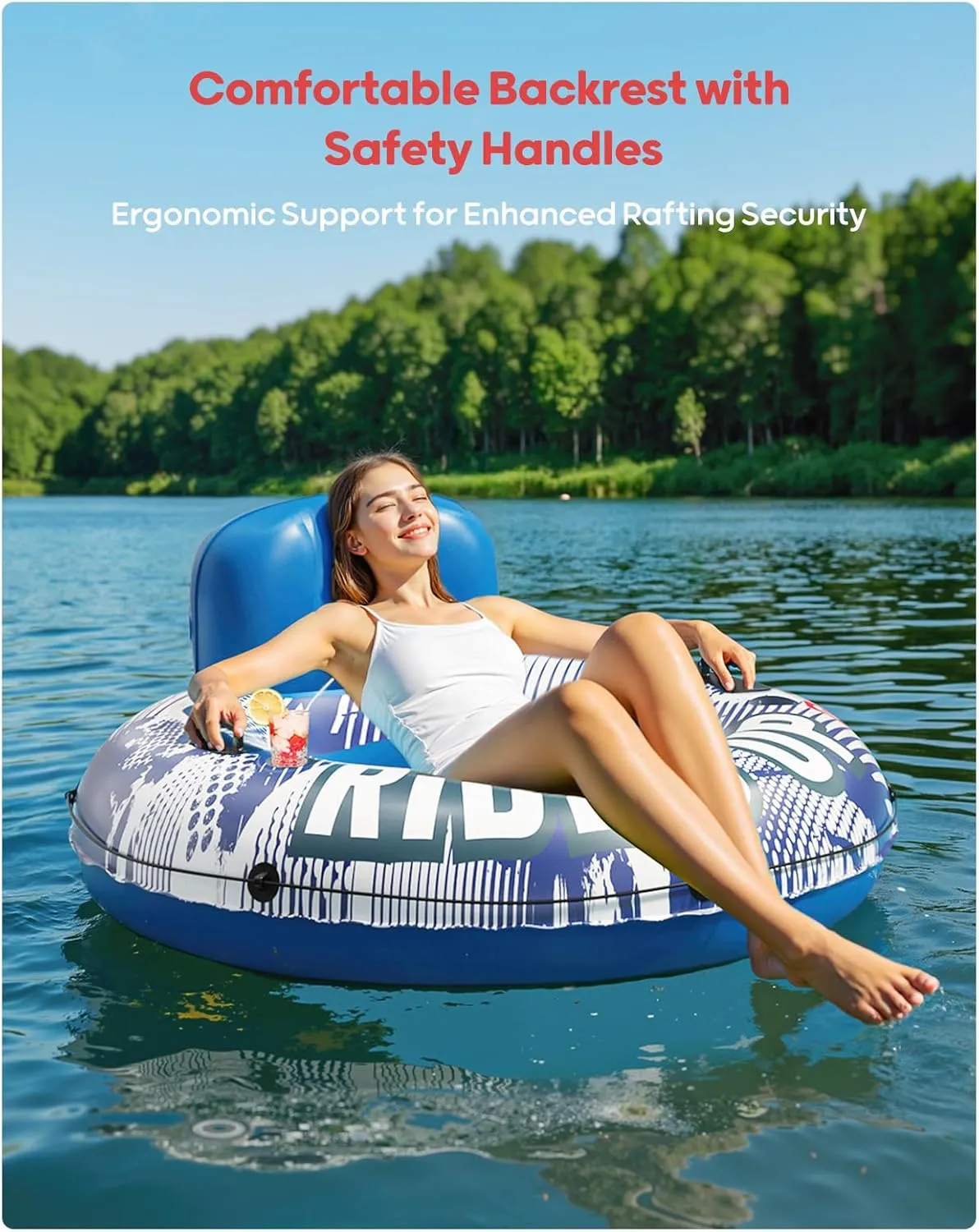 QPAU Inflatable River Tube, 0.4 mm Thickened Puncture-Resistant Heavy Duty River Float, River Raft with Ergonomic Backrest, Mesh Bottom & 2 Cup Holders for Family Friends Lake Float