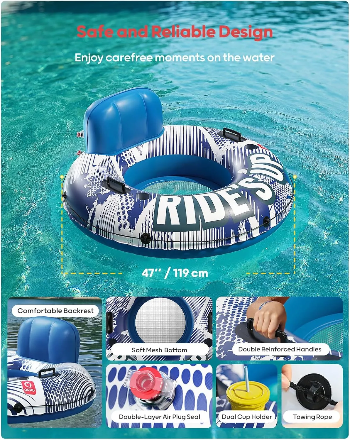 QPAU Inflatable River Tube, 0.4 mm Thickened Puncture-Resistant Heavy Duty River Float, River Raft with Ergonomic Backrest, Mesh Bottom & 2 Cup Holders for Family Friends Lake Float