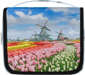 QsirBC Netherlands Windmills Tulips Toiletry Bag for Women, Travel Makeup Organizer with Hanging Hook, Traveling Cosmetic Bags for Toiletries Accessories