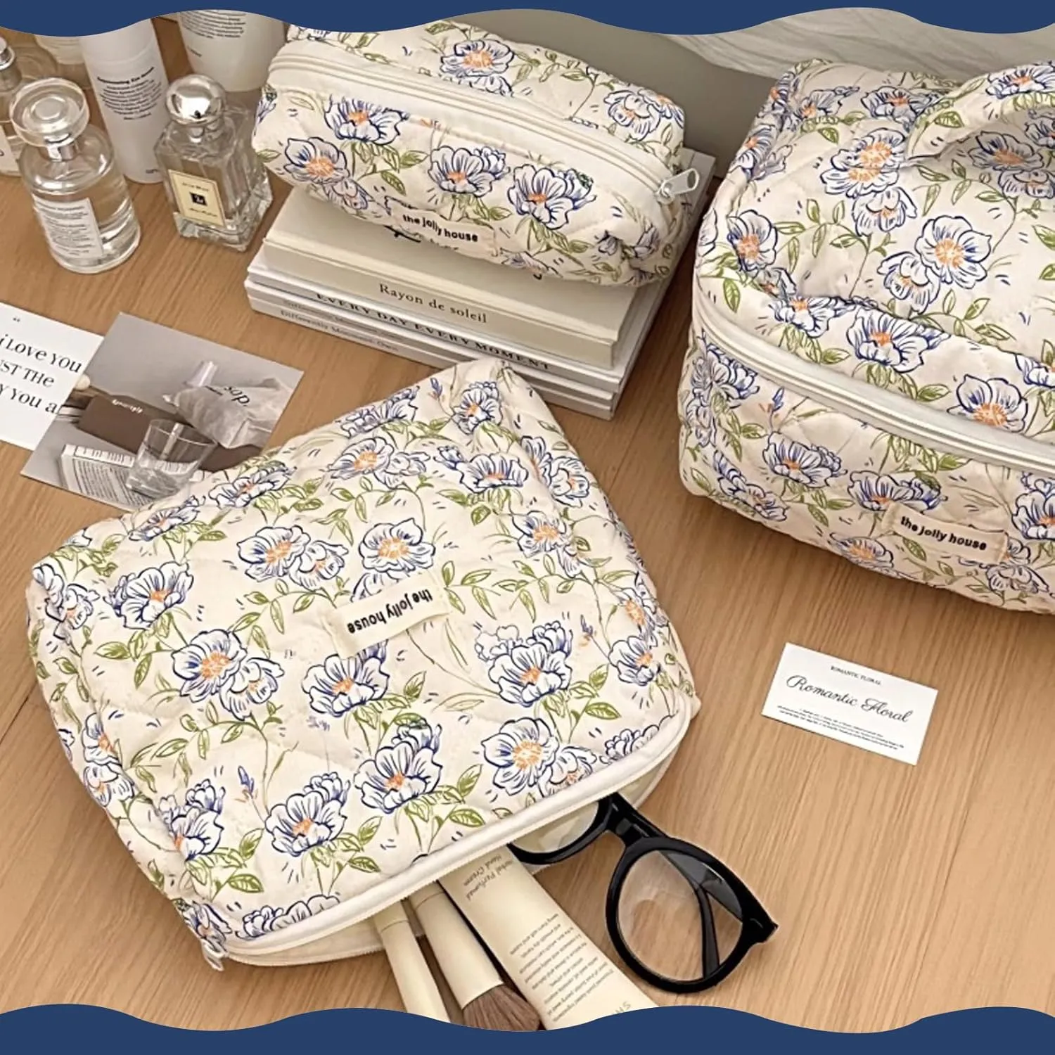 Quilted Floral Makeup Bag 3PCS, Cute Cotton Coquette Aesthetic Travel Toiletry Bag, Zipper Cosmetic Pouch, Daily Travel Use Skincare Bag, Large Capacity (Powder Blue Botanical)