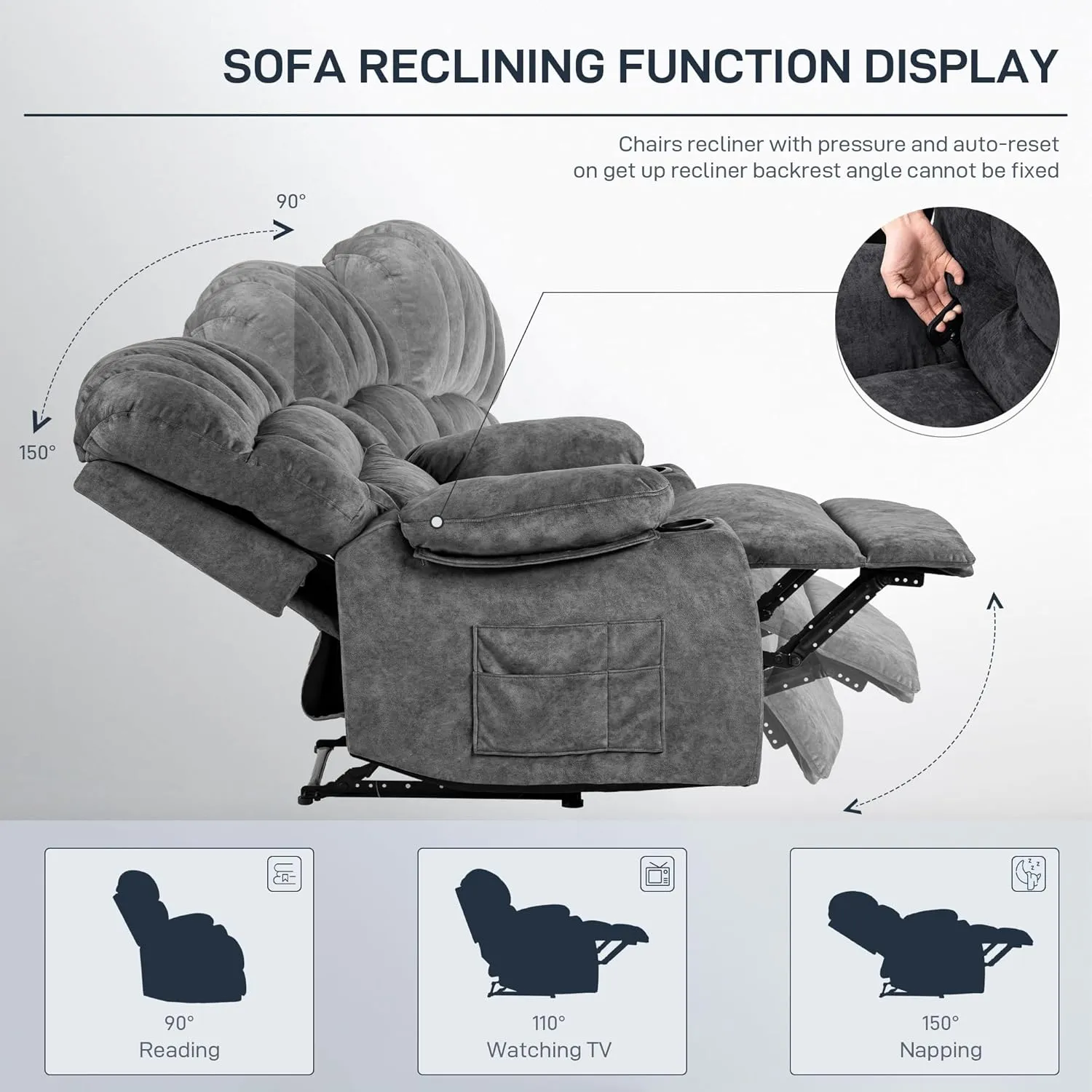 Recliner Chair Modern Ergonomic Lounge Single Sofa Seat Living Room Gravity Recliners Foam Filling 2 Cup Holders & Side Pocket