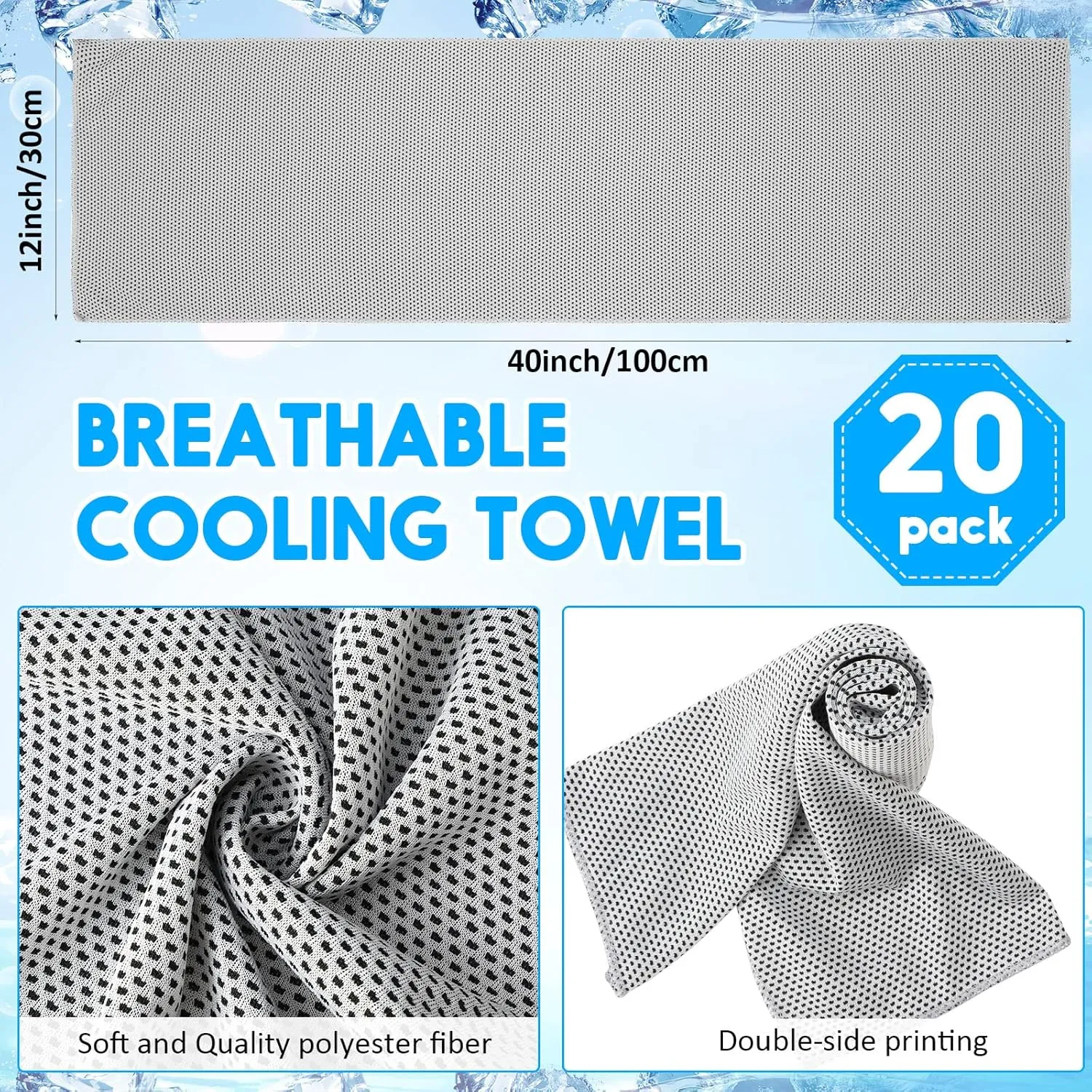 Redbaker 20 Pack Cooling Towel for Neck and Face Hot Weather 40'' x 12'' Soft Breathable Chilly Ice Towel with Bag Microfiber for Yoga Gym Men Women Workout Travel Camping(Light Gray)