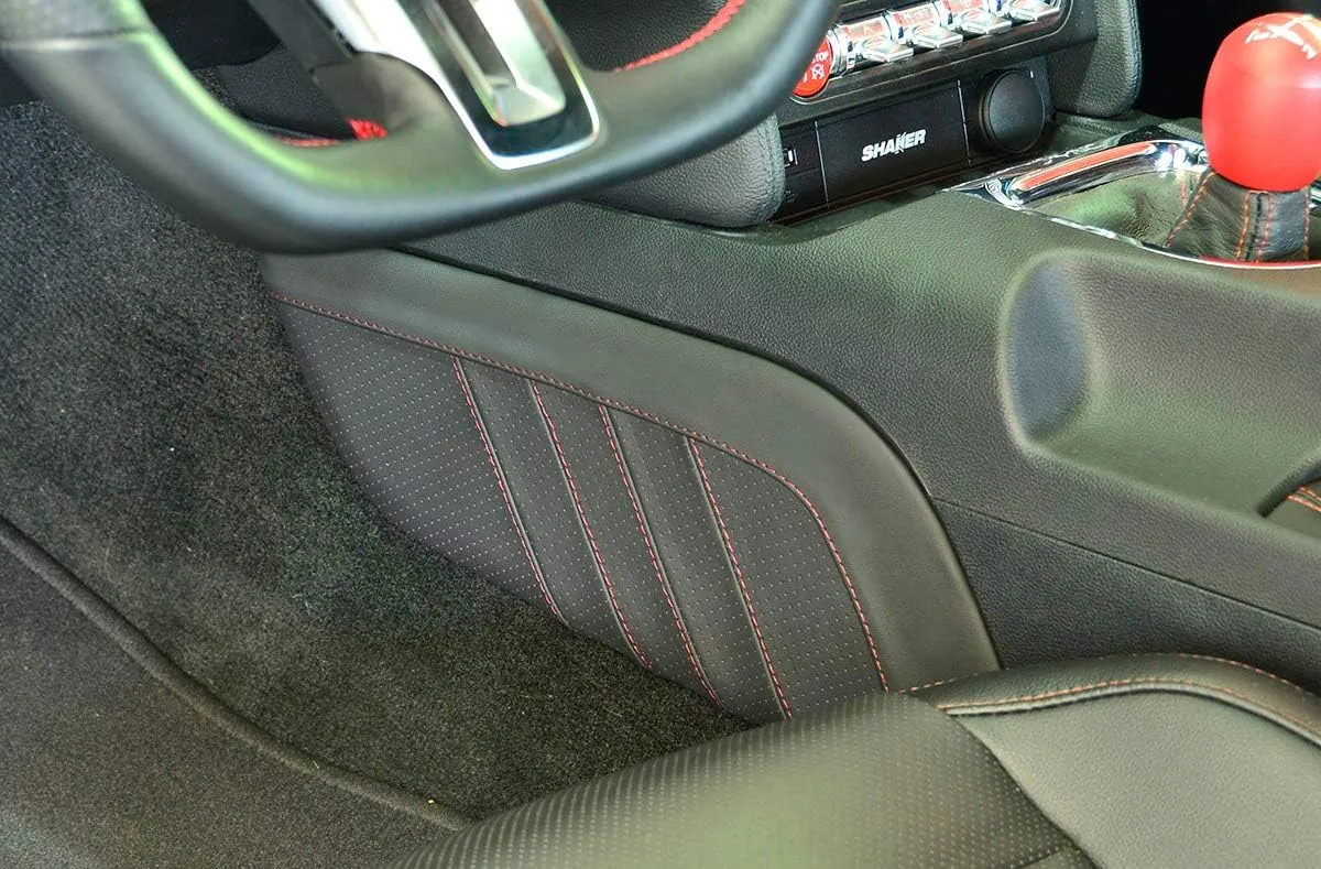 RedlineGoods Knee pad Covers Compatible with Ford Mustang 2015-23. Tailor Made - not Universal. Genuine top-Grade Italian Black Suede (Alcantara) with Blue Thread
