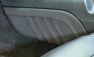 RedlineGoods Knee pad Covers Compatible with Ford Mustang 2015-23. Tailor Made - not Universal. Genuine top-Grade Italian Black Suede (Alcantara) with Blue Thread