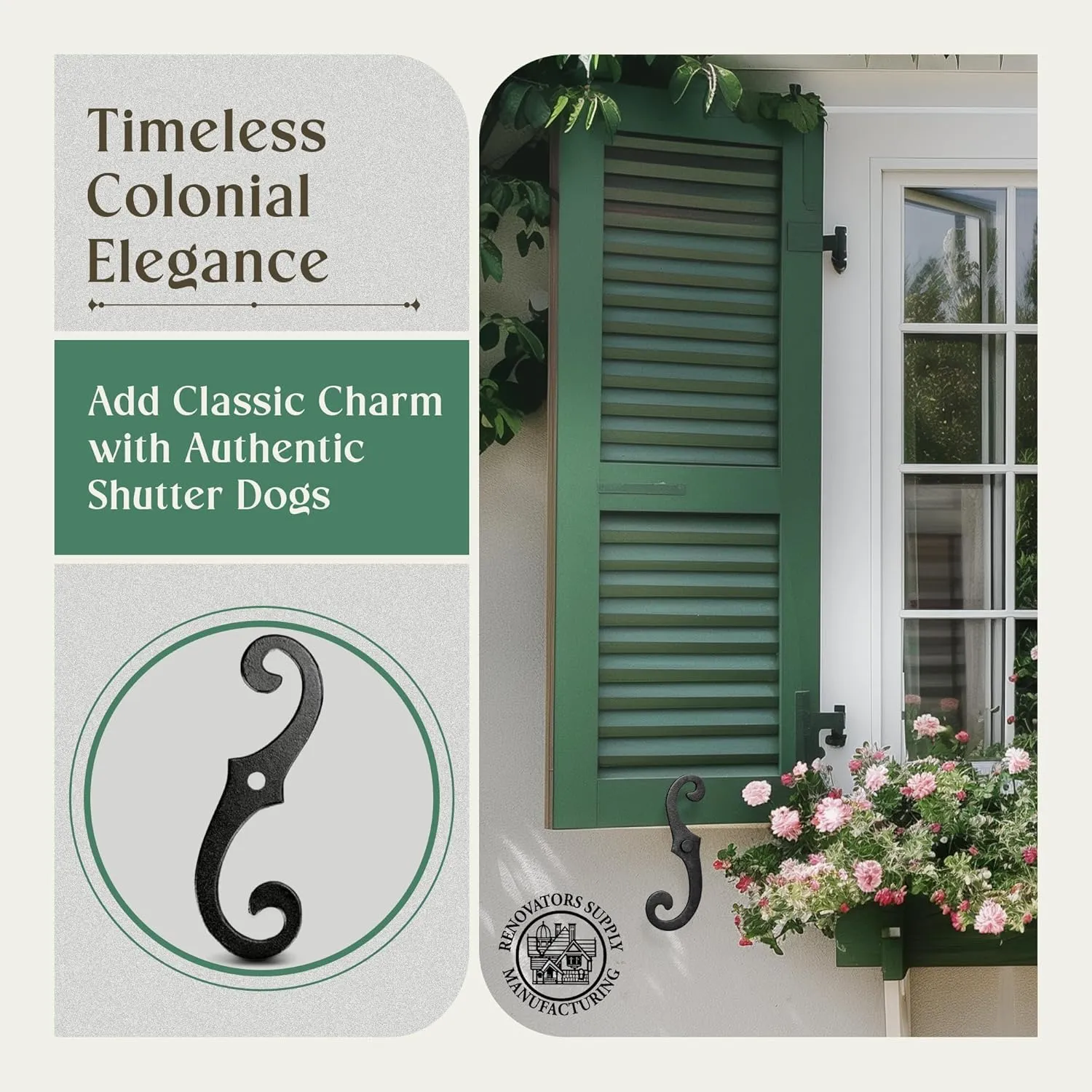 Renovators Supply Manufacturing Black Shutter Dogs 6.5 in. S Shaped Cast Aluminum Shutter Dogs with Mounting Hardware Pack of 12