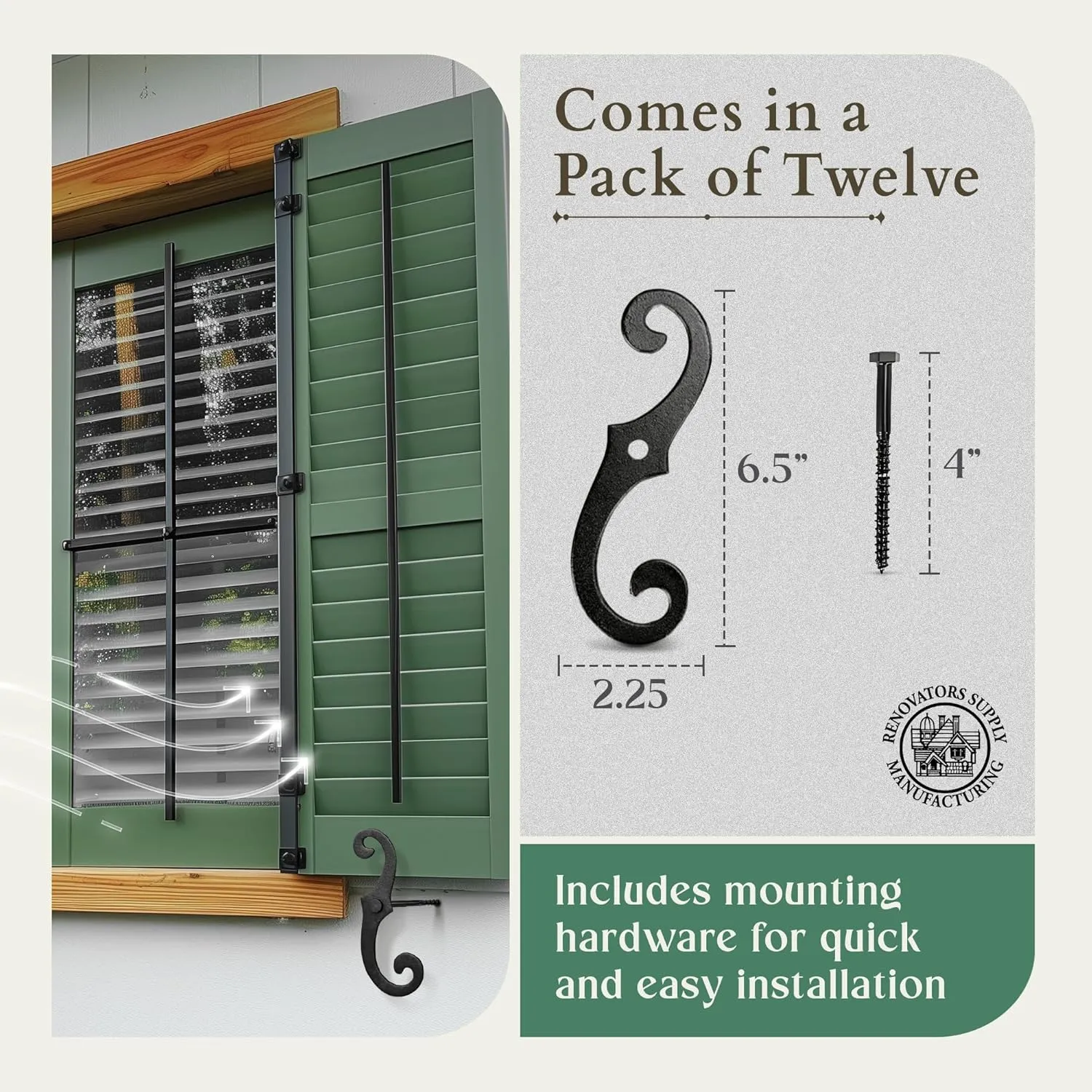 Renovators Supply Manufacturing Black Shutter Dogs 6.5 in. S Shaped Cast Aluminum Shutter Dogs with Mounting Hardware Pack of 12