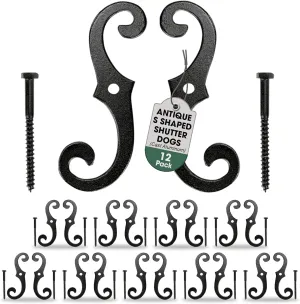 Renovators Supply Manufacturing Black Shutter Dogs 6.5 in. S Shaped Cast Aluminum Shutter Dogs with Mounting Hardware Pack of 12
