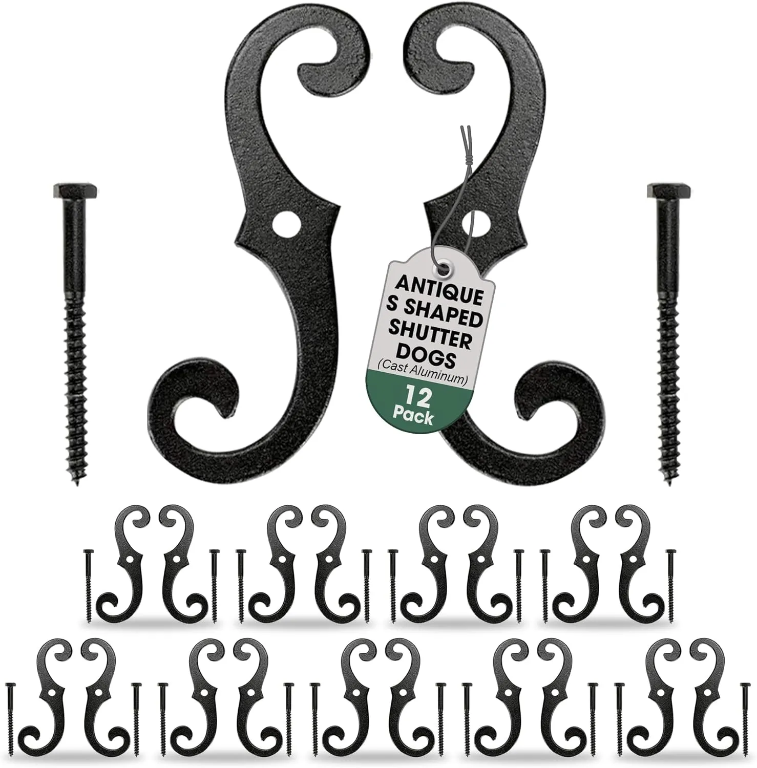 Renovators Supply Manufacturing Black Shutter Dogs 6.5 in. S Shaped Cast Aluminum Shutter Dogs with Mounting Hardware Pack of 12