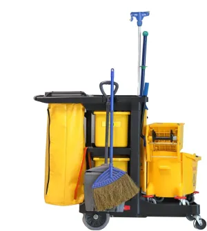 Restaurantware RW Clean 44.3 x 20.1 x 37.8 Cleaning Cart 1 Heavy-Duty Janitorial Cart - With 3 Shelves 20-Gallon Nylon Bag Plastic Housekeeping Cart Wheeled For Commercial Use