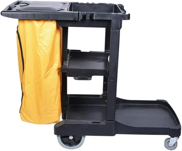 Restaurantware RW Clean 44.3 x 20.1 x 37.8 Cleaning Cart 1 Heavy-Duty Janitorial Cart - With 3 Shelves 20-Gallon Nylon Bag Plastic Housekeeping Cart Wheeled For Commercial Use