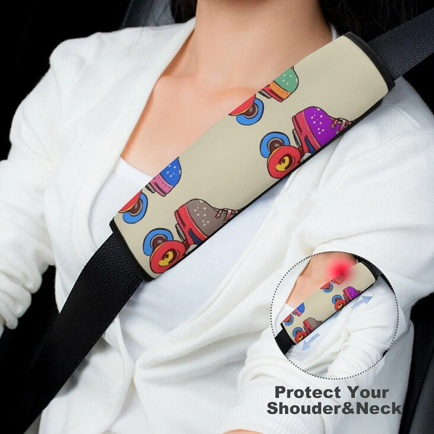 Retro Colorful Roller Skates Auto Seat Belt Cover 1PCS Universal Car Seat Belt Shoulder Protector Pad, Protect Your Shoulders and Neck for Car Seat Belt, Shoulder Bag, Backpack