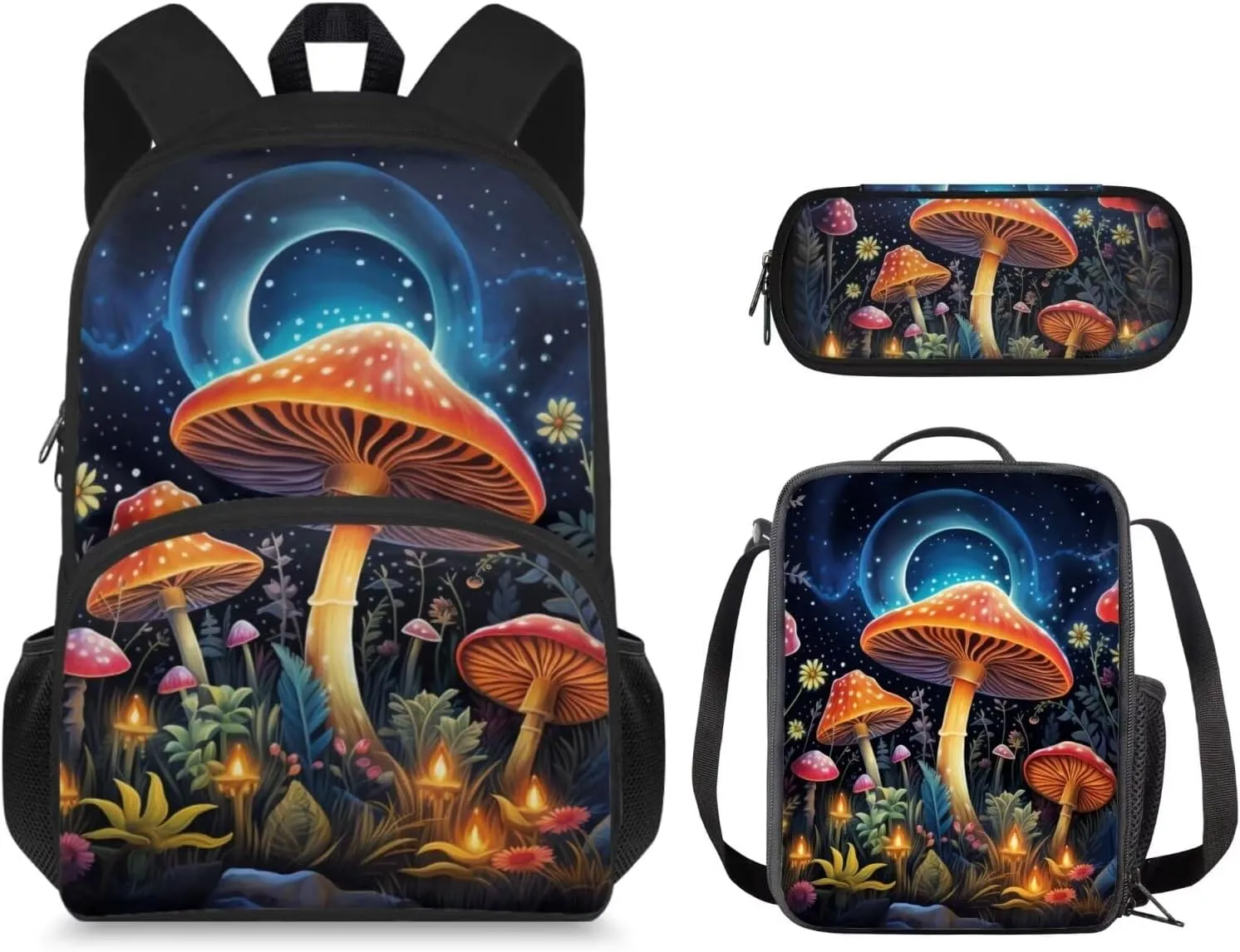 Retro Mushroom Backpack Set for Boys 6-8 Lightweight Bookbag for Middle School, Waterproof Shoulder Bag with Adjustable Strap for Primary Outdoor/Travel/Hiking/Cycling