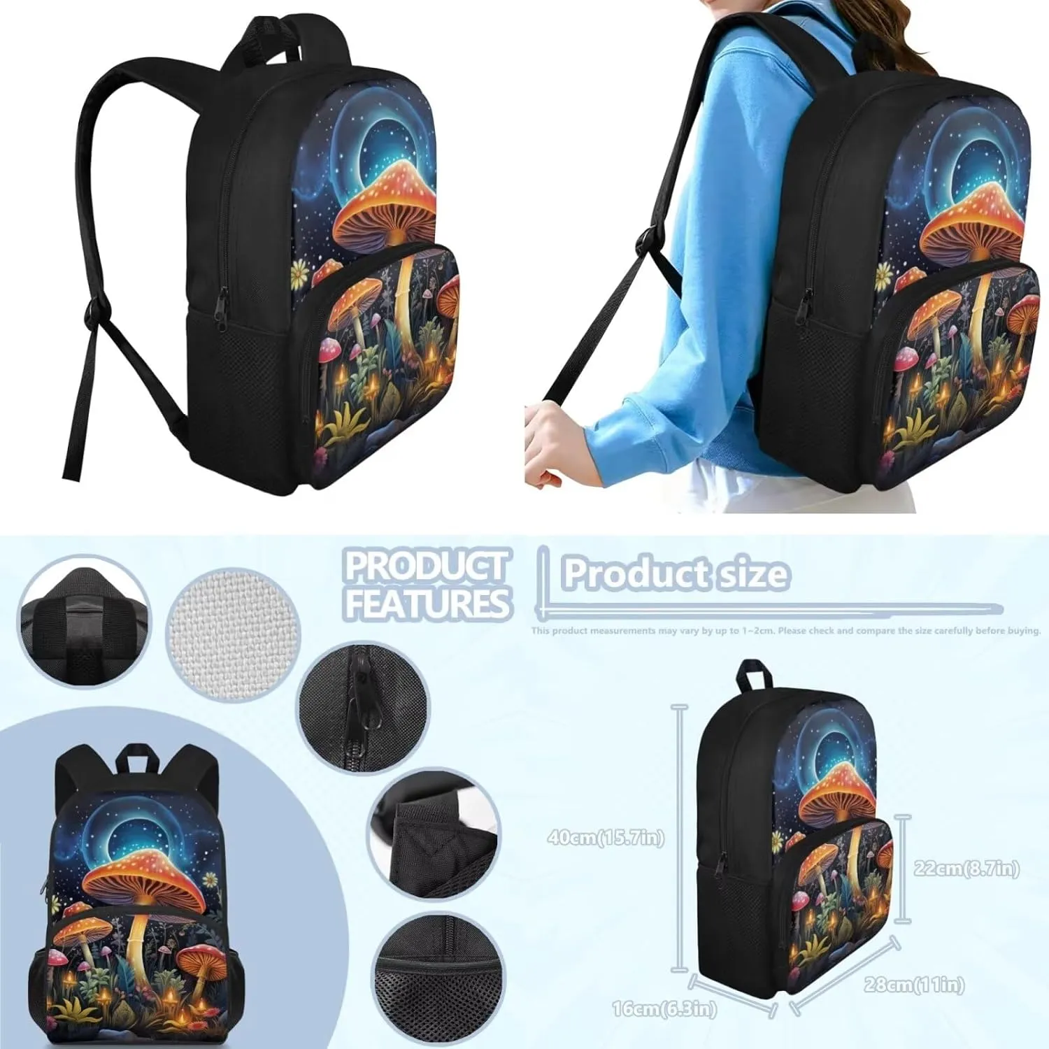 Retro Mushroom Backpack Set for Boys 6-8 Lightweight Bookbag for Middle School, Waterproof Shoulder Bag with Adjustable Strap for Primary Outdoor/Travel/Hiking/Cycling