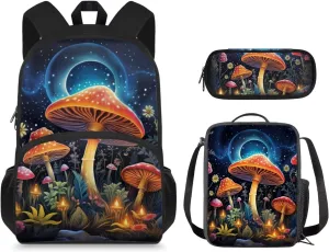 Retro Mushroom Backpack Set for Boys 6-8 Lightweight Bookbag for Middle School, Waterproof Shoulder Bag with Adjustable Strap for Primary Outdoor/Travel/Hiking/Cycling