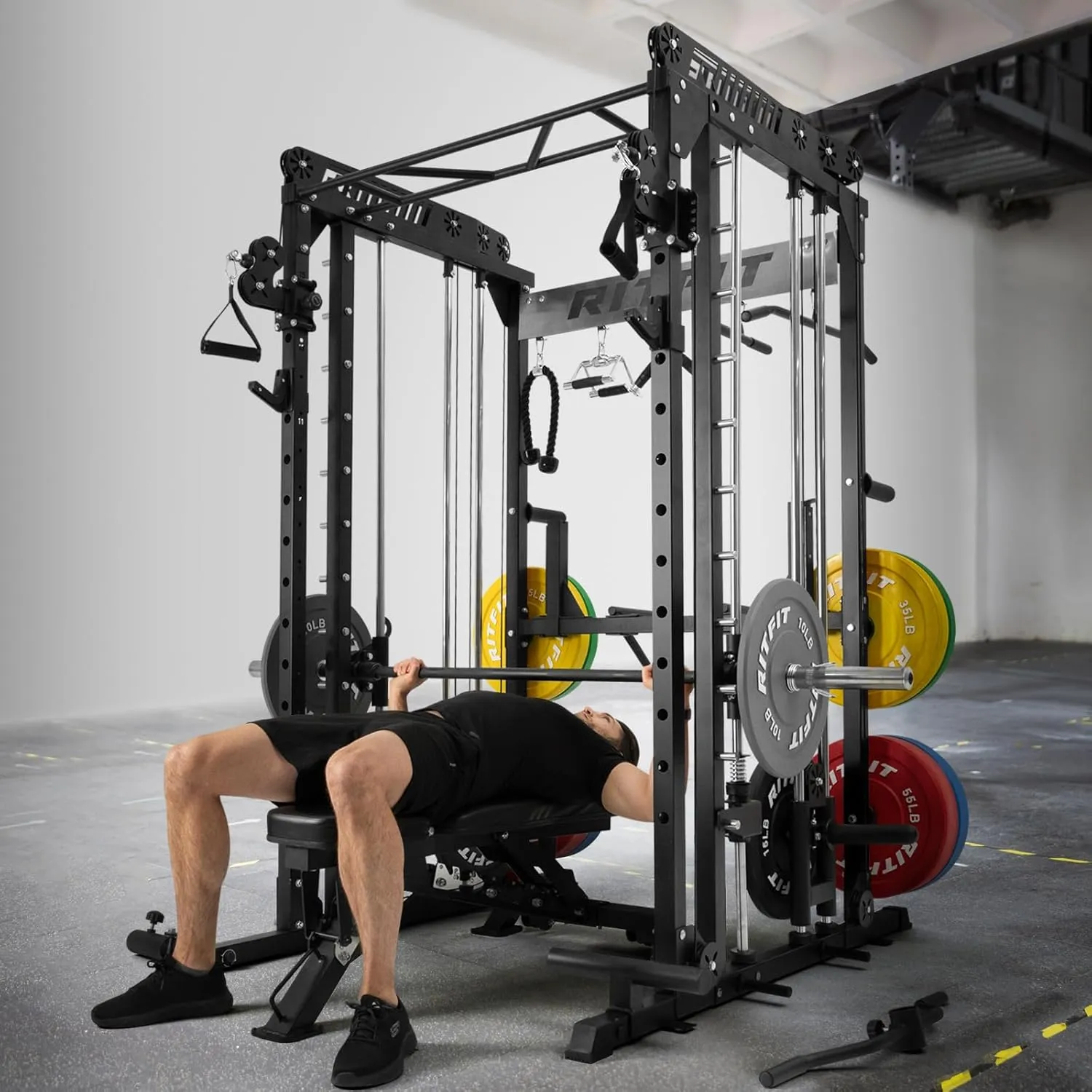 RitFit M1 & M1 Pro Smith Machine Weight Stack Set with Cable Crossover System, Multi-Function Squat Rack Power Cage for Home Gym, Power Rack and Packages