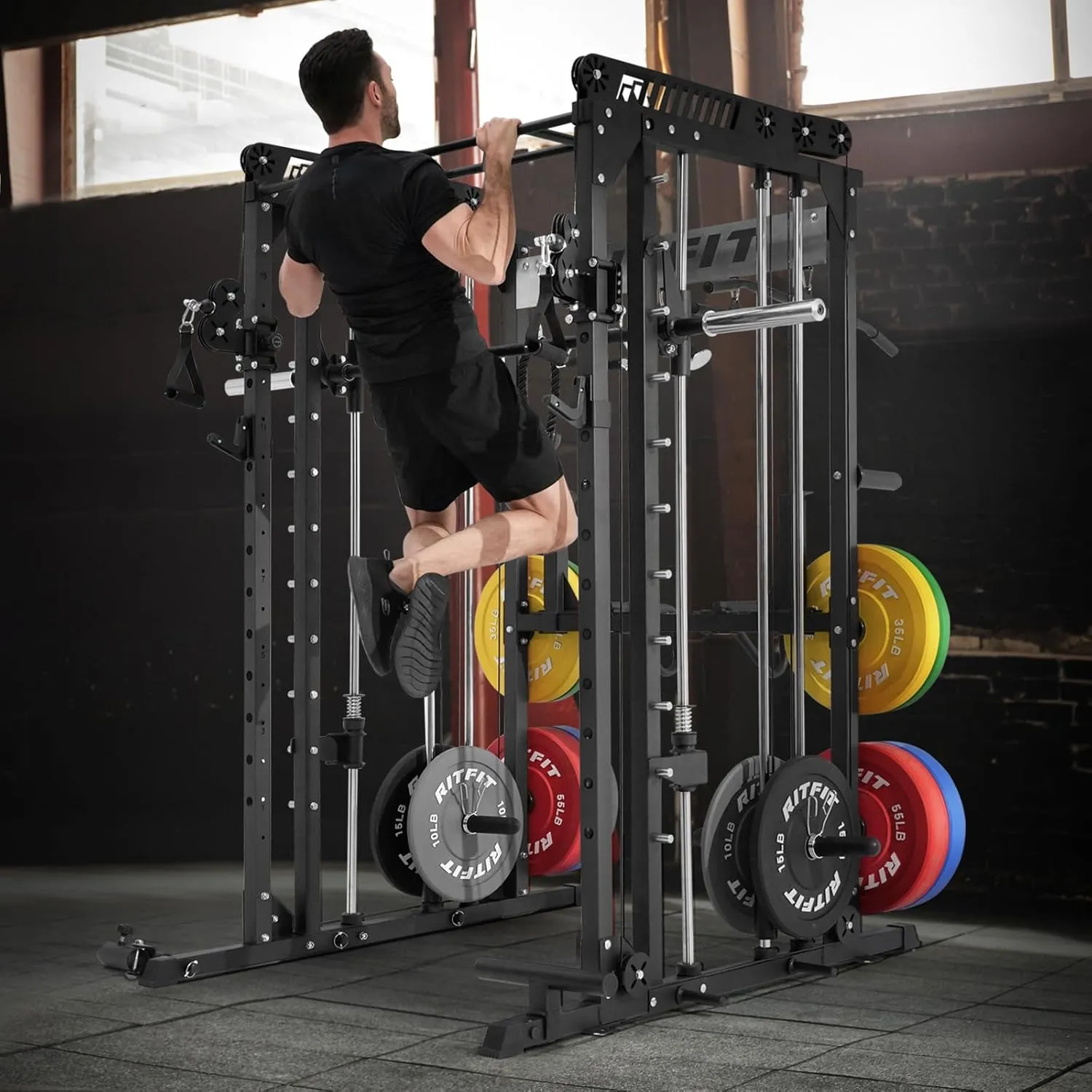 RitFit M1 & M1 Pro Smith Machine Weight Stack Set with Cable Crossover System, Multi-Function Squat Rack Power Cage for Home Gym, Power Rack and Packages