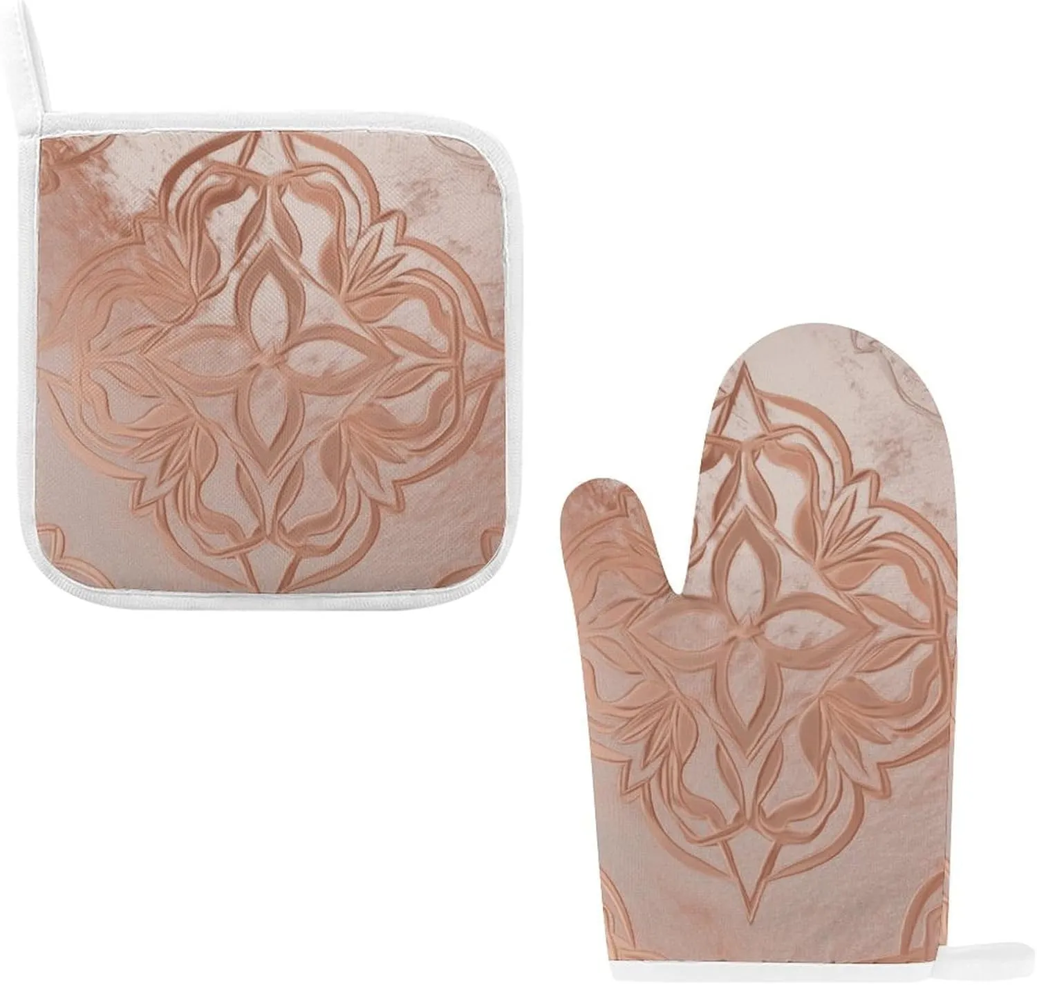 Rose Gold Oven Mitts and Pot Holders 2 Set, Heat Resistant Kitchen Glove with Quilted Liner, Non-Slip Oven Gloves for Baking Cooking