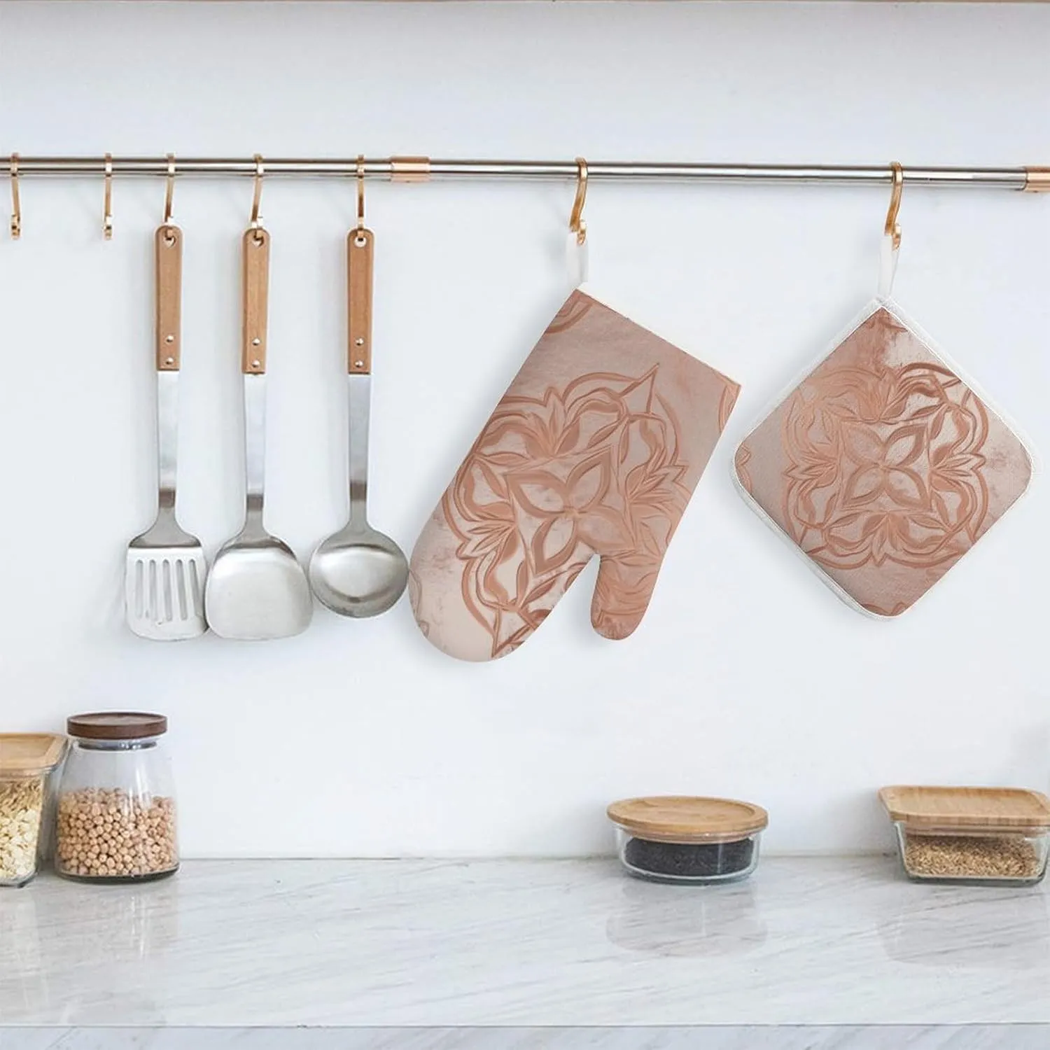 Rose Gold Oven Mitts and Pot Holders 2 Set, Heat Resistant Kitchen Glove with Quilted Liner, Non-Slip Oven Gloves for Baking Cooking