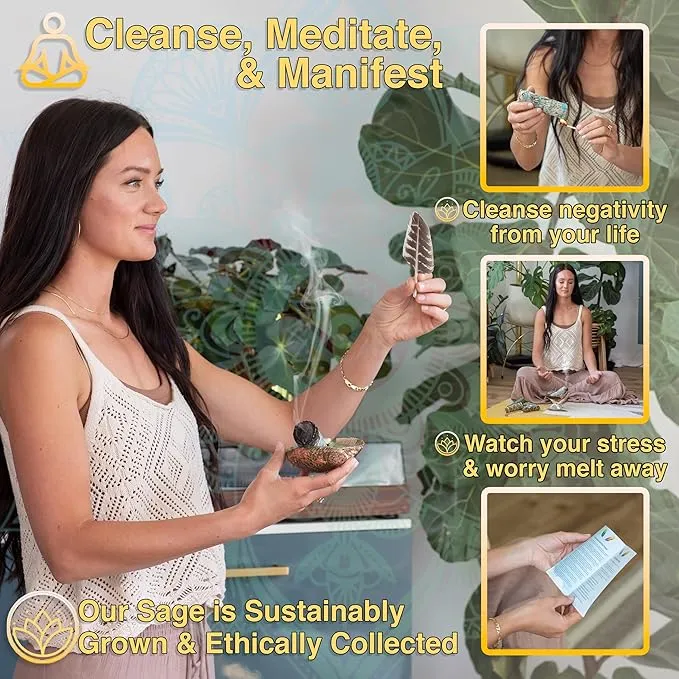 Sage Variety Smudge Kit - White Sage, Blue Sage, Cedar, Juniper, Yerba Santa, Palo Santo, Rosemary, Abalone Shell, Stand, Feather & Instructions | Smudging Kit, Sage Bundle, Smoke Cleanse