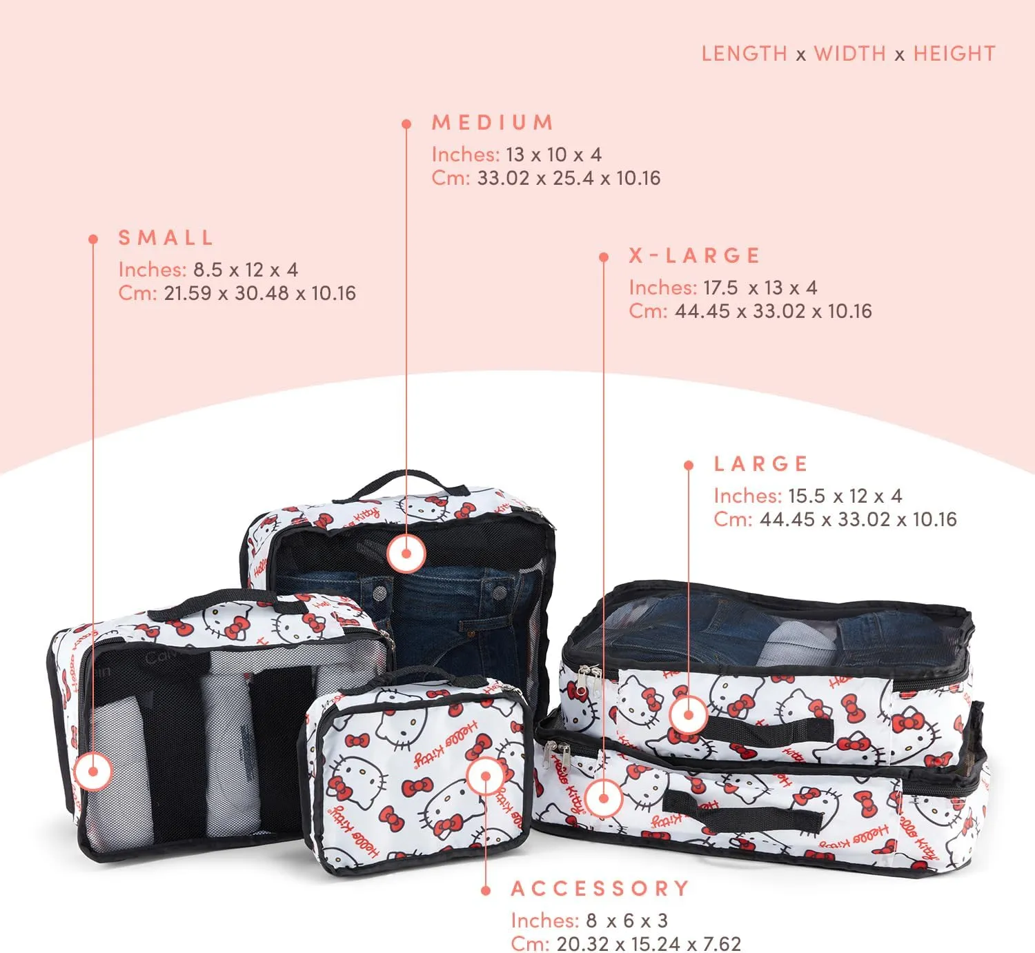 Sanrio's Hello Kitty Packing Cubes - 5 Piece Packing Cube Bags - Travel Essentials - Suitcase Luggage Organizer Set - Hello Kitty and Friends, My Melody, Kerromi, Kerropi, Badtz-Maru (Hello Kitty)
