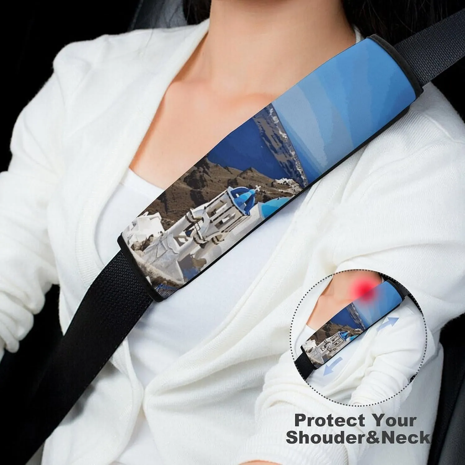 Santorini Greek Island Sea View Auto Seat Belt Cover 2PCS Universal Car Seat Belt Shoulder Protector Pad, Protect Your Shoulders and Neck for Car Seat Belt, Shoulder Bag, Backpack