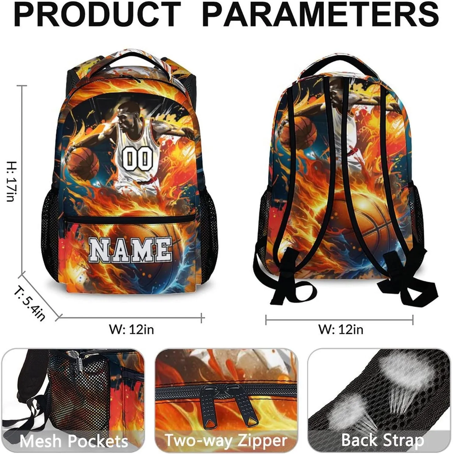 School Backpacks, Custom Kids Backpack, Personalized Name Basketball Bookbag for Students Boys, 17 Inch Large Capacity School Bag for Preschool Elementary Camping Hiking