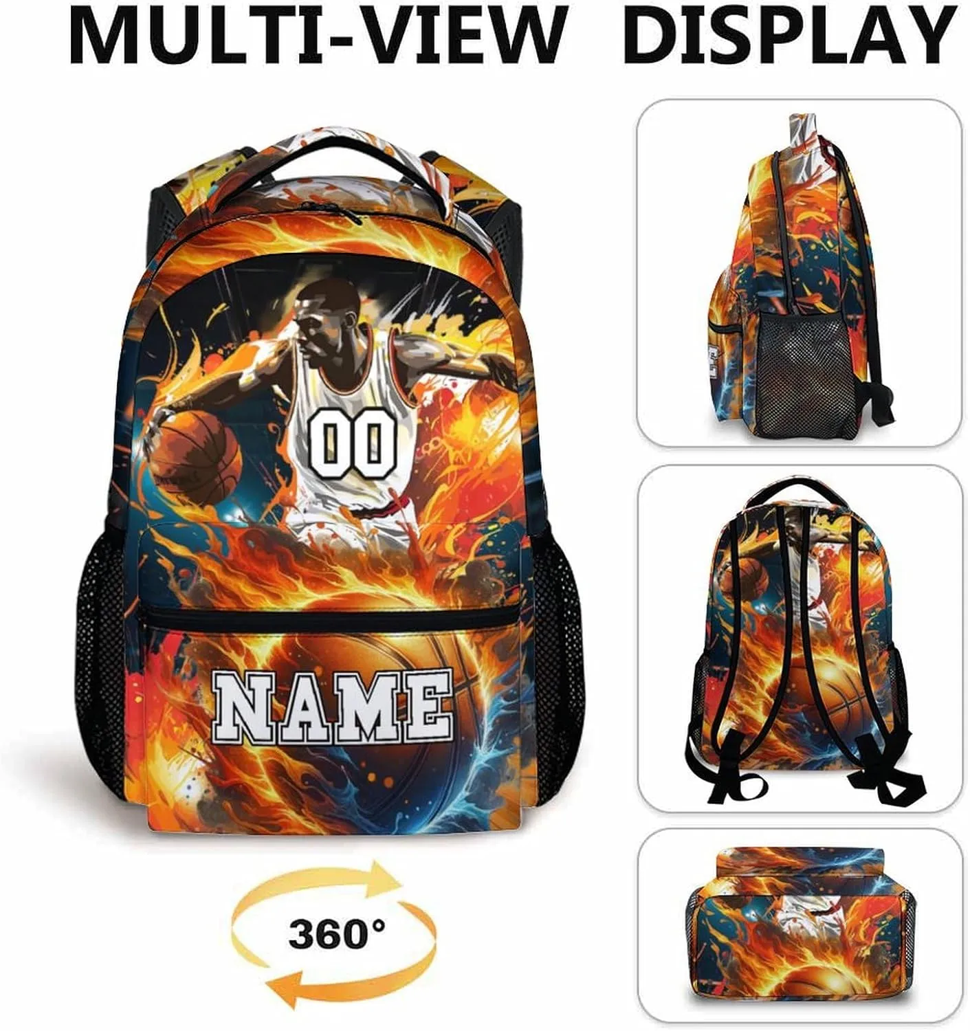 School Backpacks, Custom Kids Backpack, Personalized Name Basketball Bookbag for Students Boys, 17 Inch Large Capacity School Bag for Preschool Elementary Camping Hiking