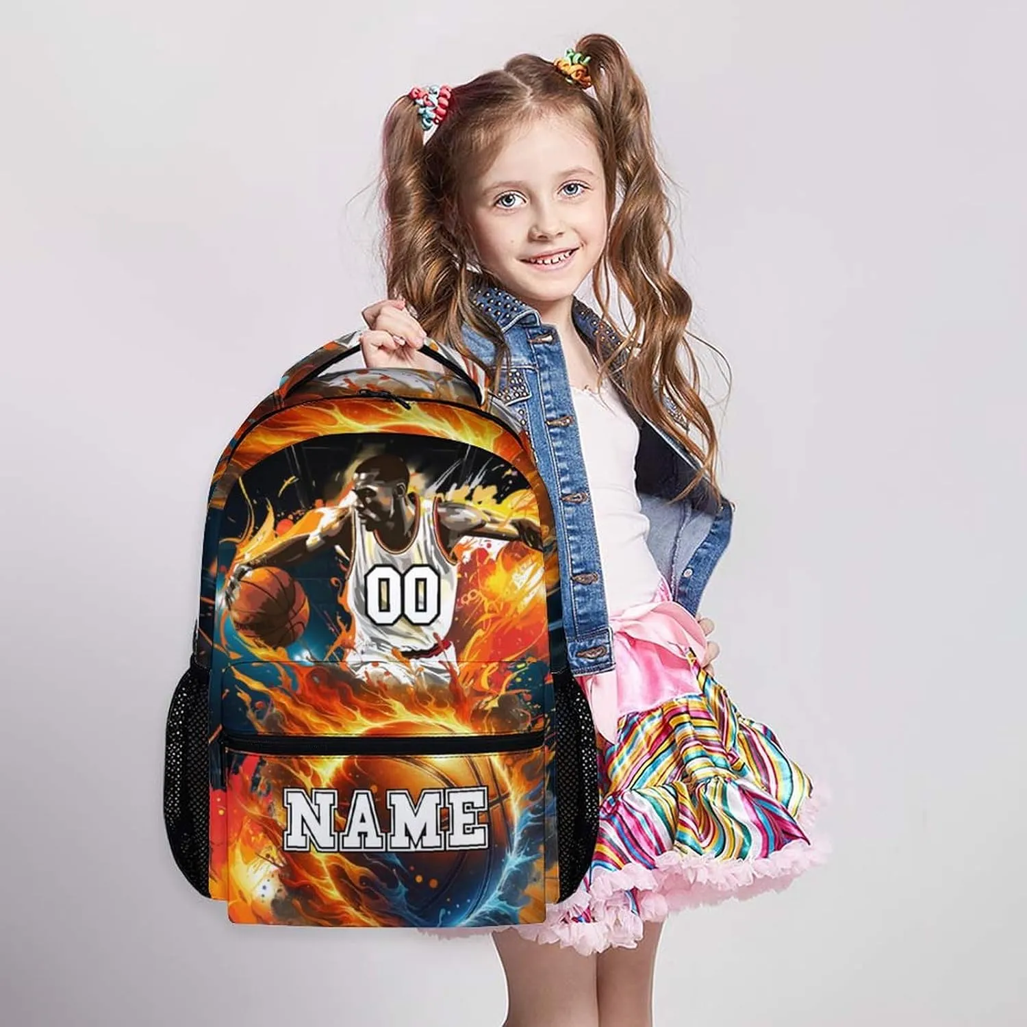School Backpacks, Custom Kids Backpack, Personalized Name Basketball Bookbag for Students Boys, 17 Inch Large Capacity School Bag for Preschool Elementary Camping Hiking