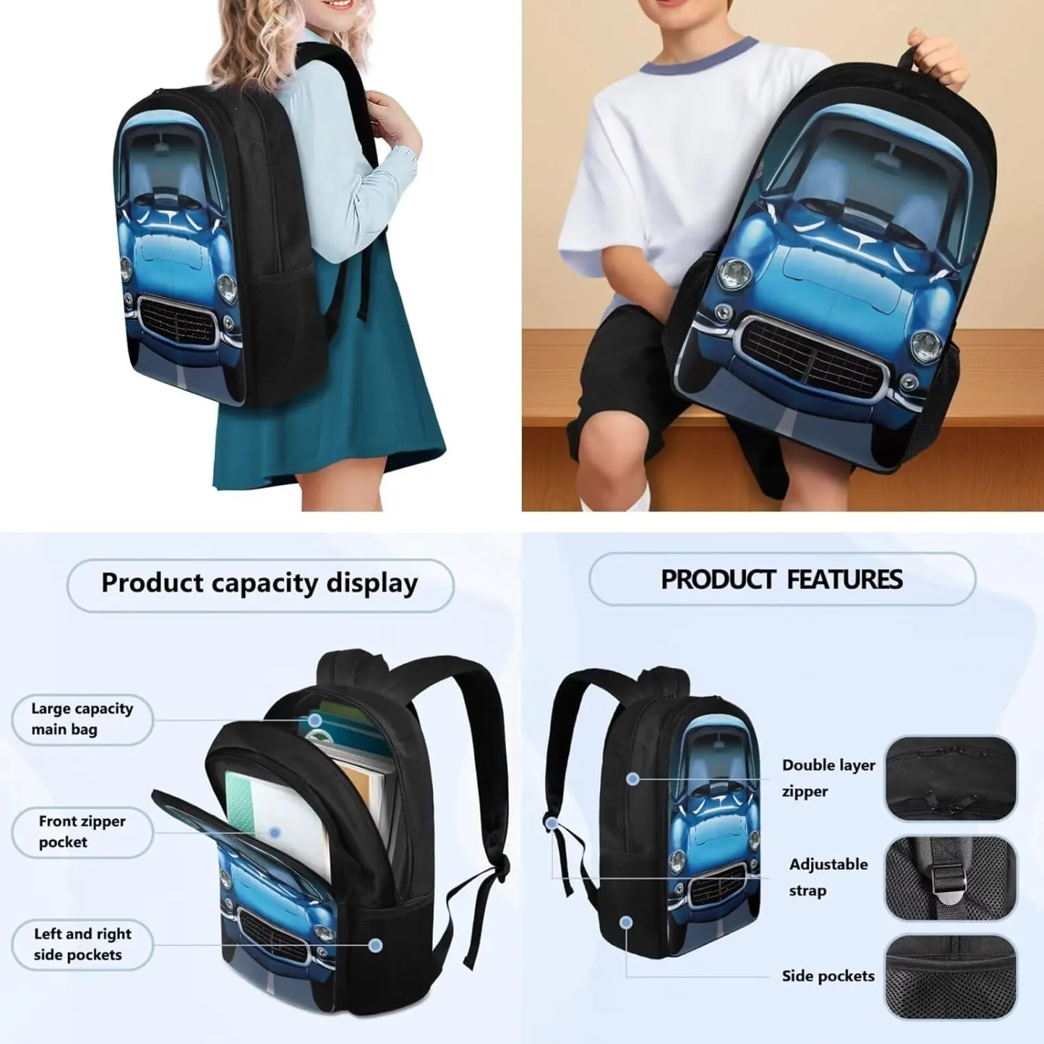Schoolbags Set for Boys Girls 17 In Backpack with Lunch Box & Pencil Bag 3 Pack School Backpack Set for Kids Large Capacity Daypack for Students, Cartoon Car