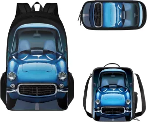 Schoolbags Set for Boys Girls 17 In Backpack with Lunch Box & Pencil Bag 3 Pack School Backpack Set for Kids Large Capacity Daypack for Students, Cartoon Car