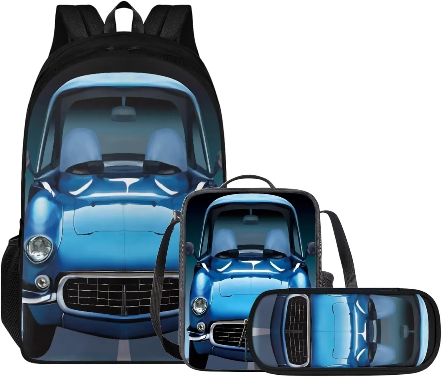 Schoolbags Set for Boys Girls 17 In Backpack with Lunch Box & Pencil Bag 3 Pack School Backpack Set for Kids Large Capacity Daypack for Students, Cartoon Car