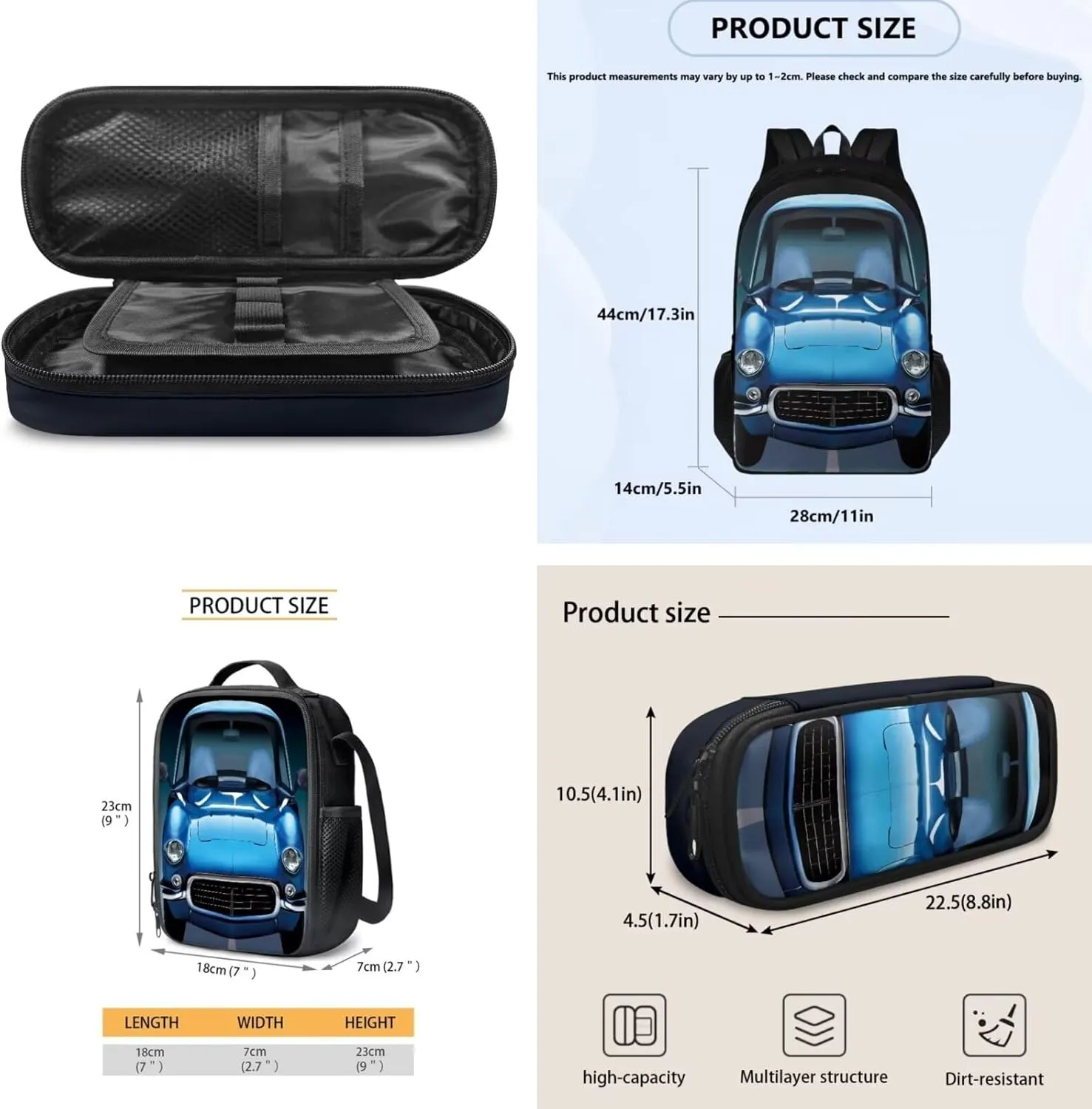 Schoolbags Set for Boys Girls 17 In Backpack with Lunch Box & Pencil Bag 3 Pack School Backpack Set for Kids Large Capacity Daypack for Students, Cartoon Car