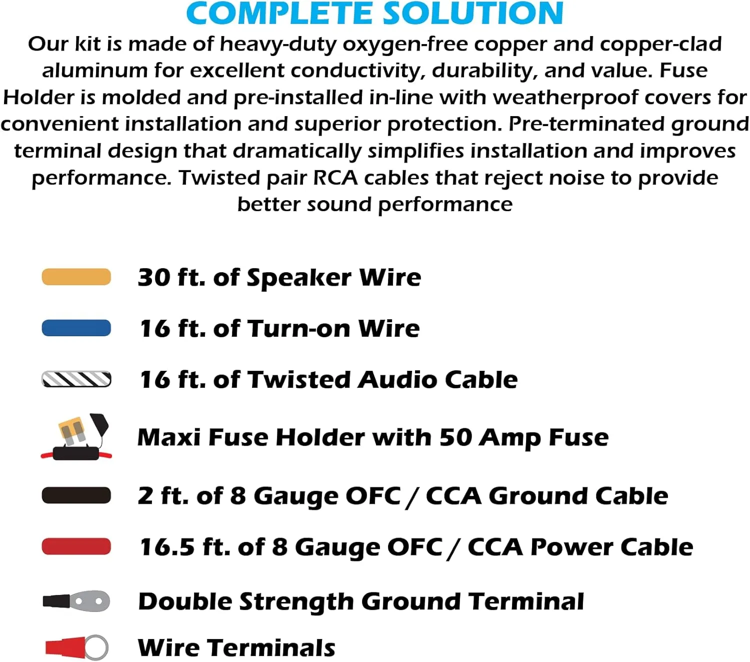 Scosche Install Centric ICAK8 True 8 Gauge Hybrid OFC 2-Channel High Current Amplifier Wiring Kit Complete Car Amp Kit Twisted Pair Audio Cables, In-Line Fuse Holder