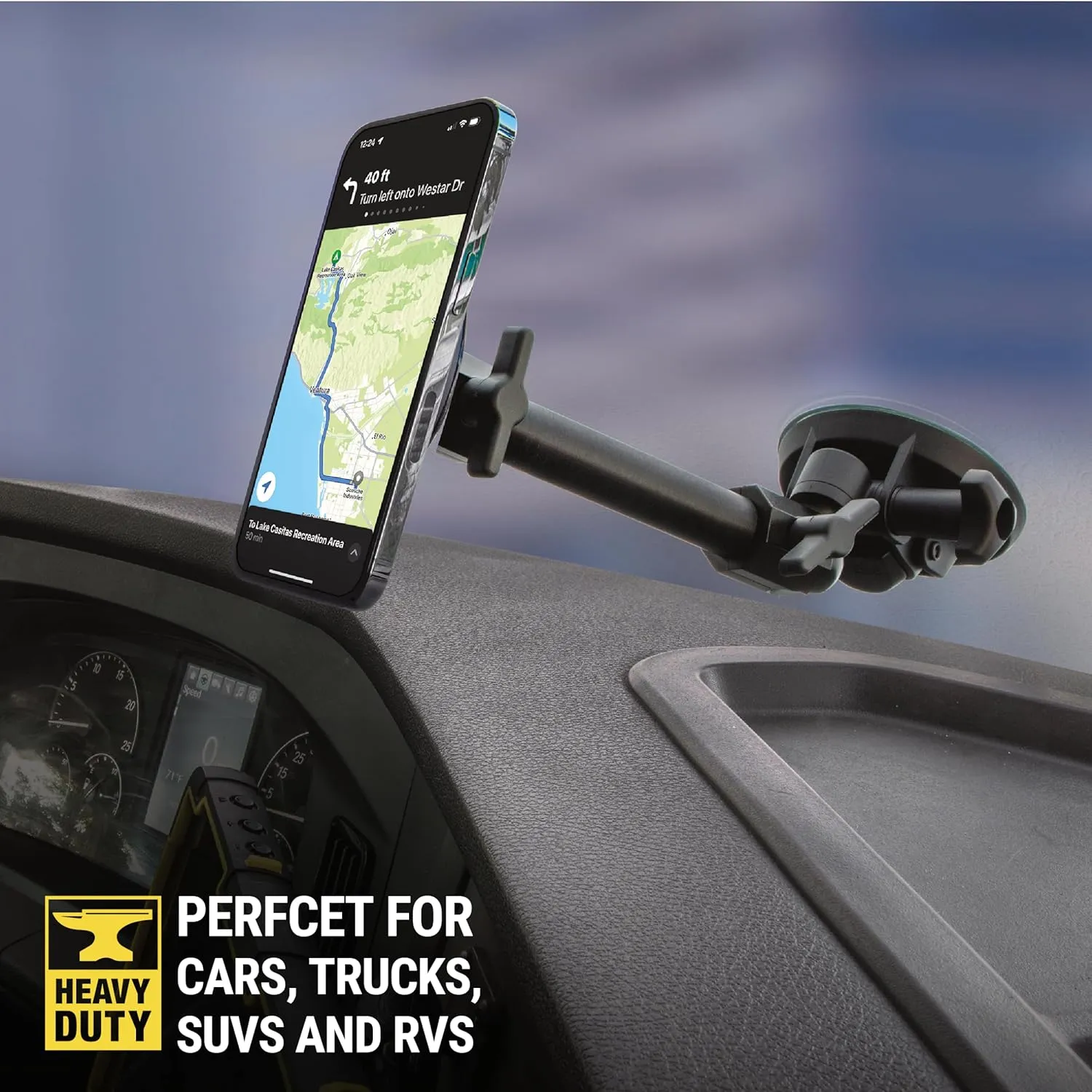 SCOSCHE MP2WD2HD MagicMount™ Pro2 XL Heavy Duty, Strong Suction Cup Cell Phone Mount with Long Arm Windshield/Dashboard Phone Holder and Anti-Shake Stabilizer for iPhone, Android, Tablet, Car, Truck